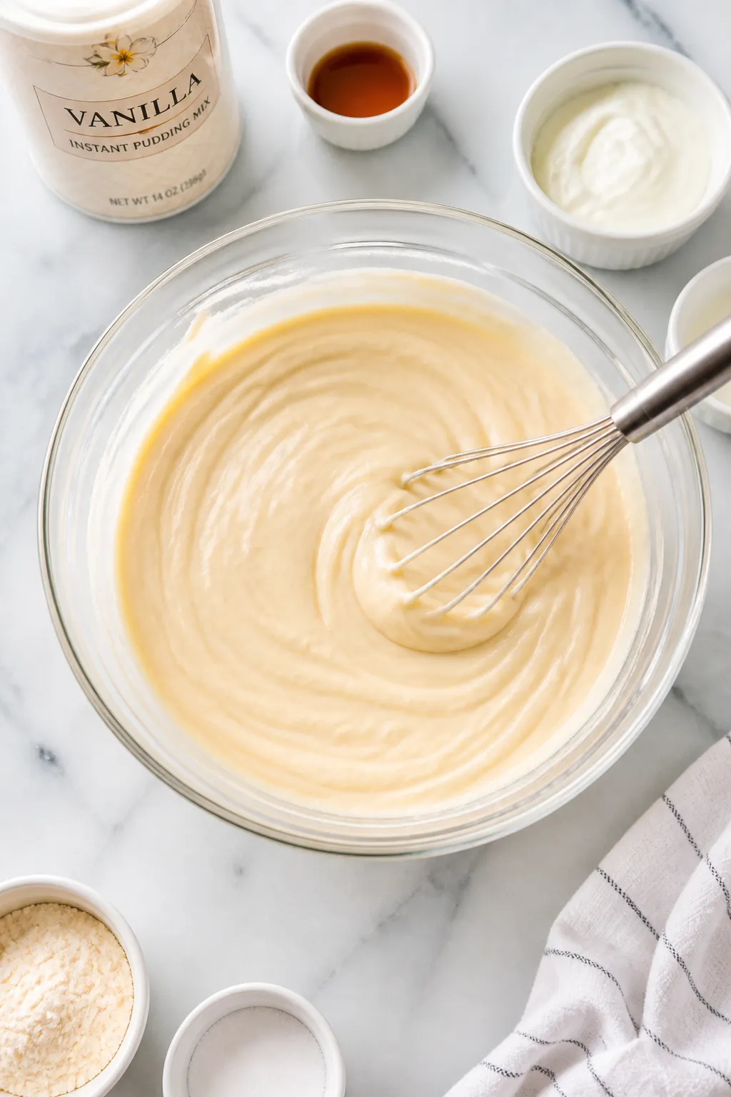 Cooking process: Overhead shot of the pudding mixture in a clear glass mixing bowl just after adding