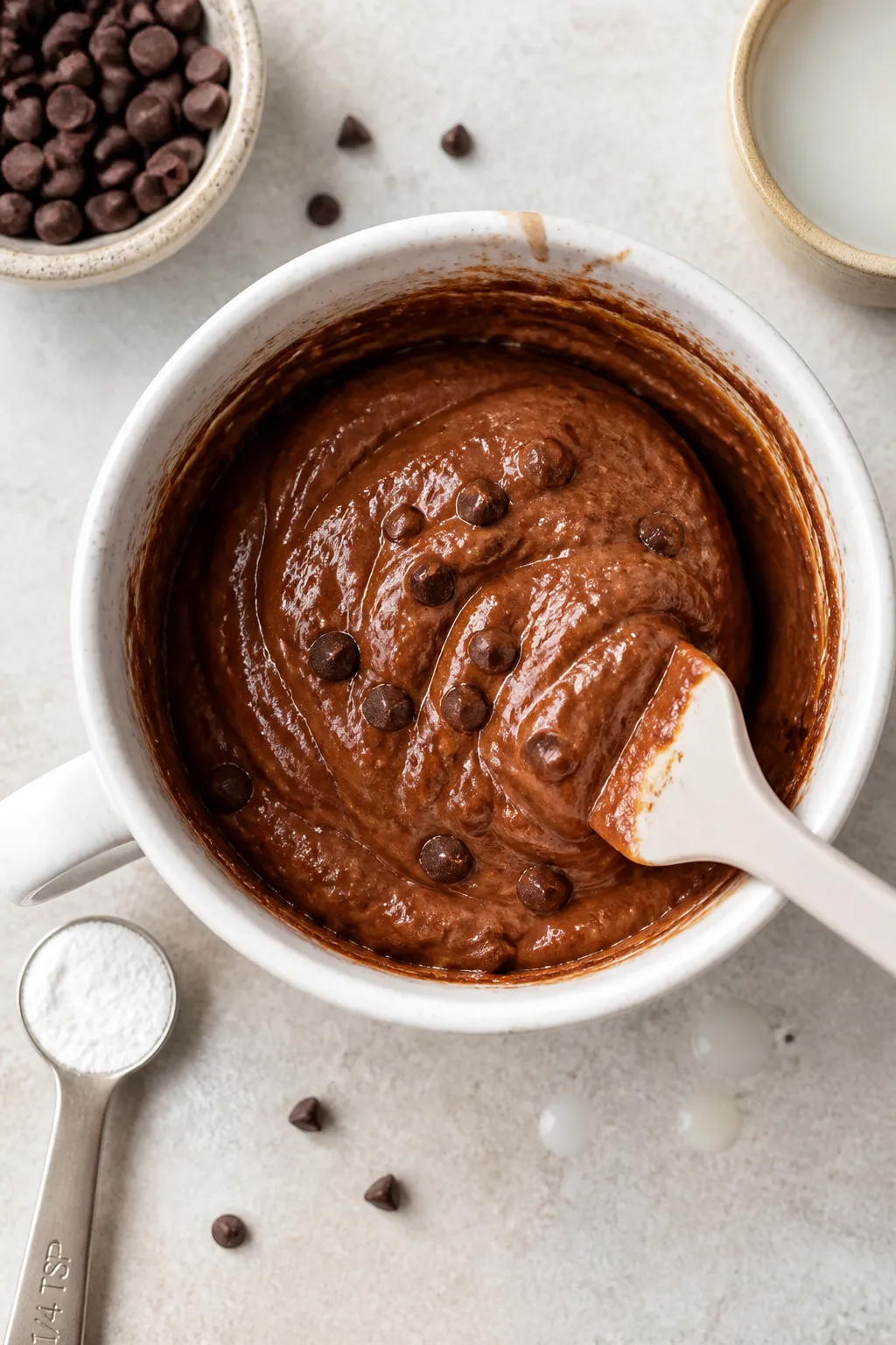 Cooking process: Overhead shot of the thick, brownie-batter-consistency protein mug cake batter bein