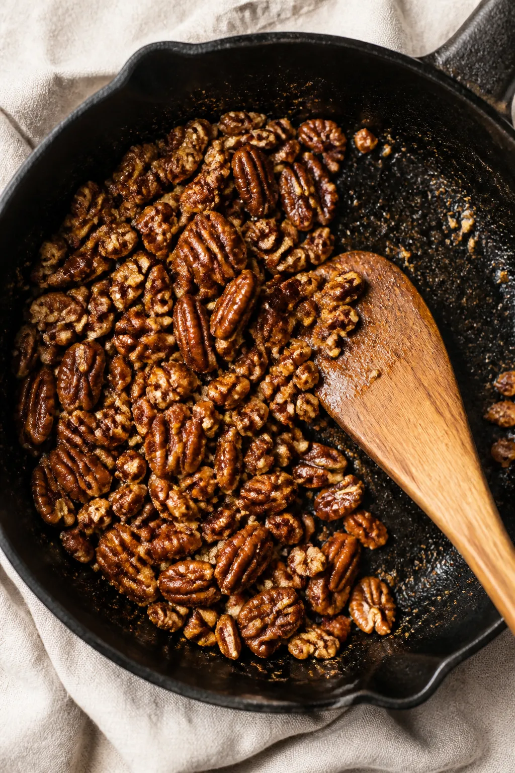 Cooking process: Overhead shot of the toasted pecans being finished in a small skillet—golden, but