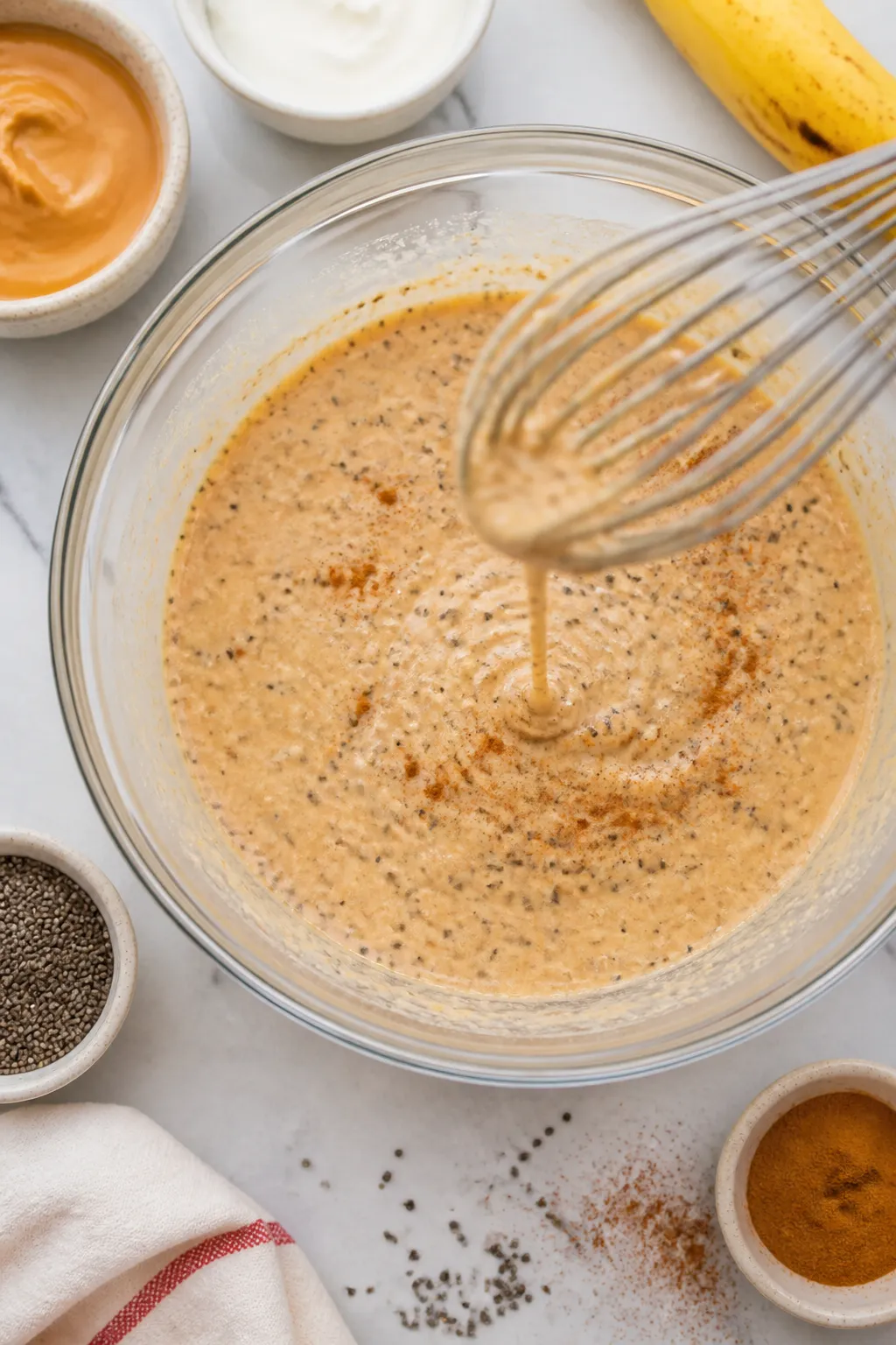 Cooking process: Overhead shot of the whisking stage right after the 5–10 minute rest—uniform, g