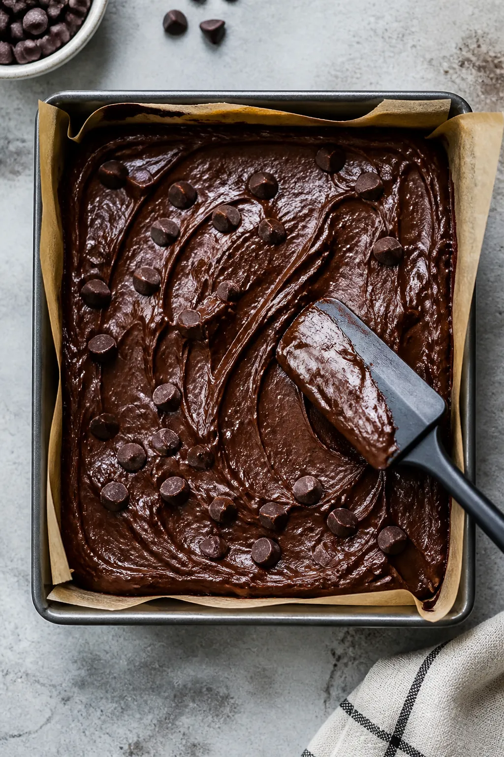 Cooking process: Overhead shot of thick, scoopable brownie batter being smoothed into a parchment-li