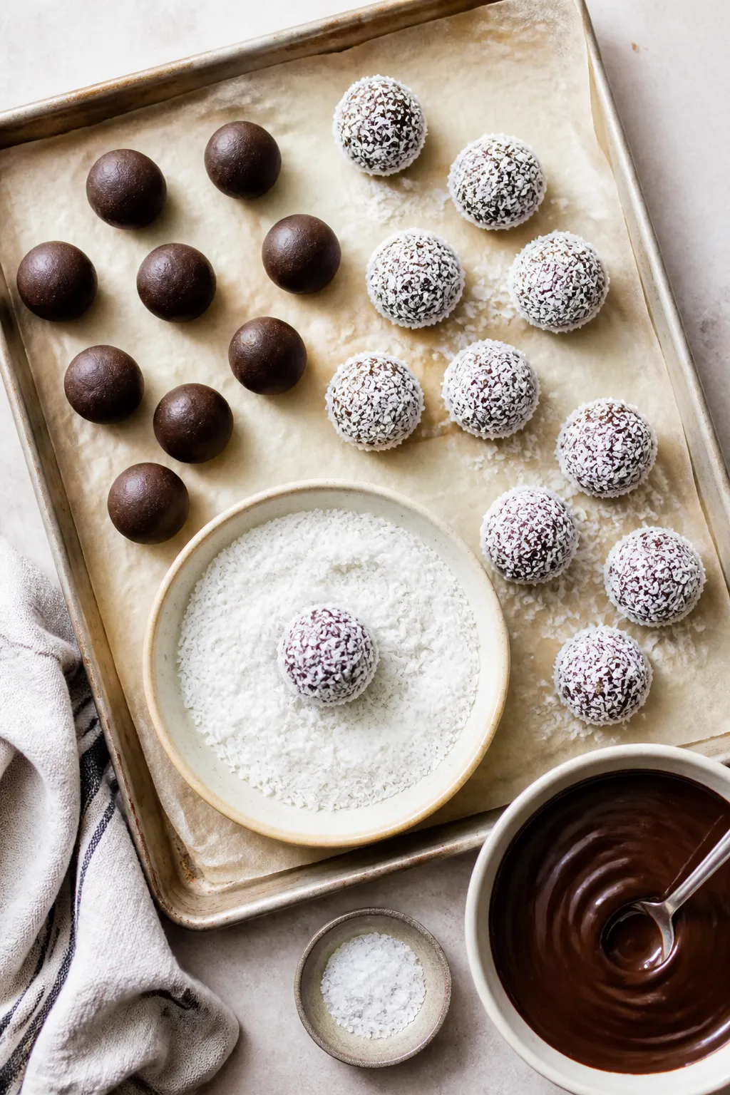 Cooking process: Overhead shot of uniform truffle balls being rolled in a shallow dish of shredded c