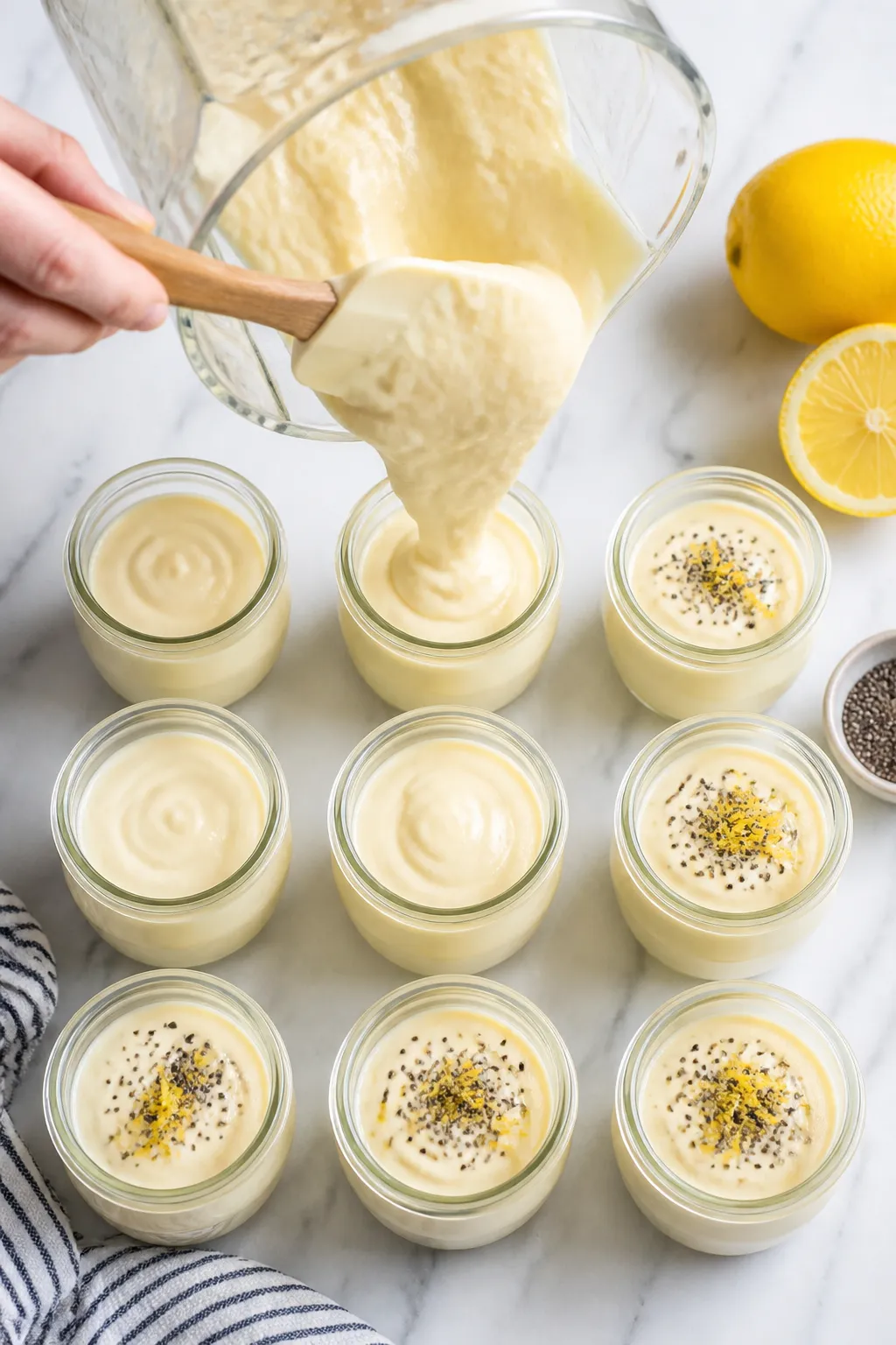 Cooking process: Pudding being portioned into small glass jars for meal prep; overhead shot of a spa