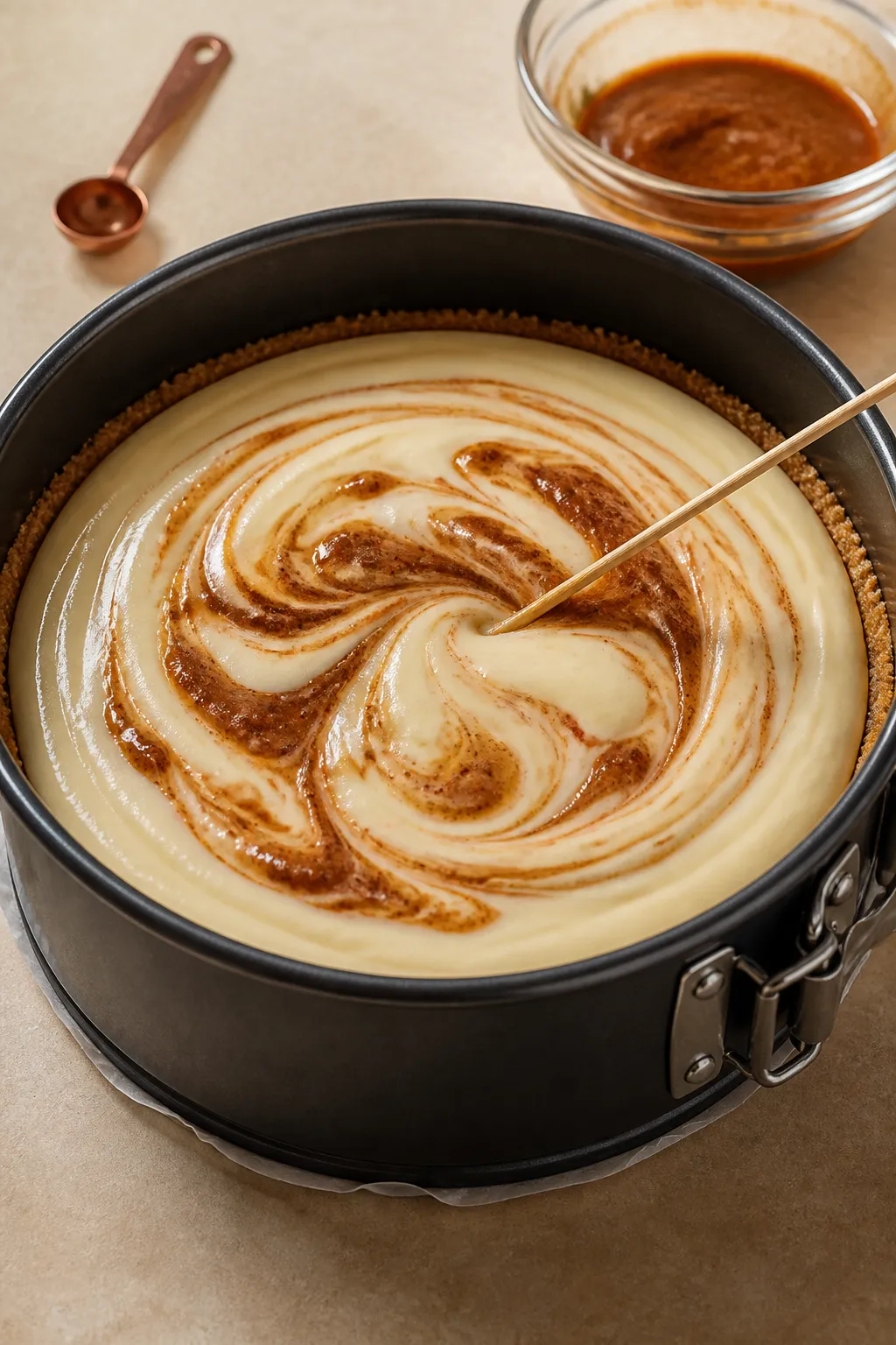 Cooking process scene: Assembling with swirl—an 8-inch springform pan with the par-baked almond cr
