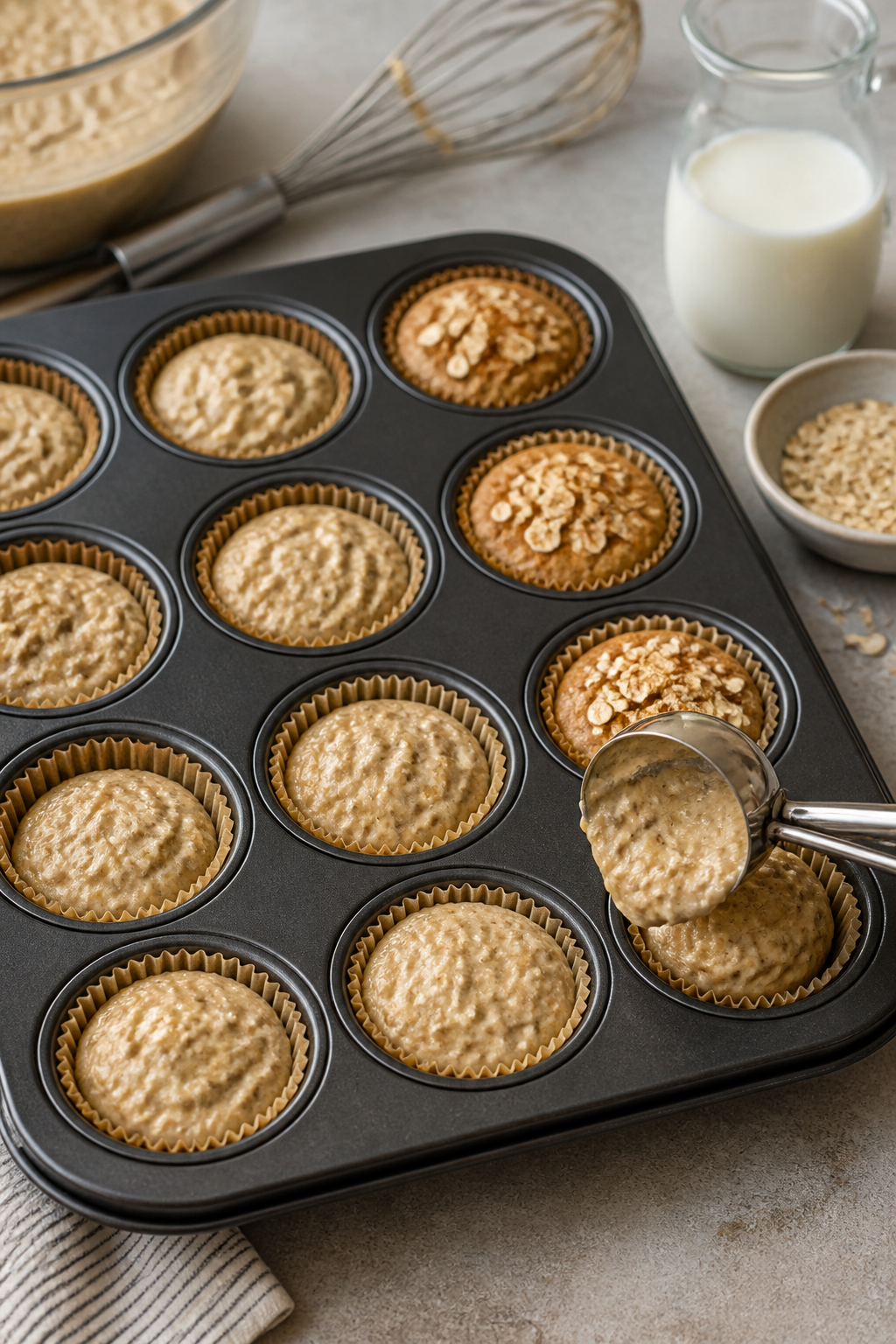 Cooking process scene focused on batter texture: 3/4-full muffin pan being filled with thick-but-sco