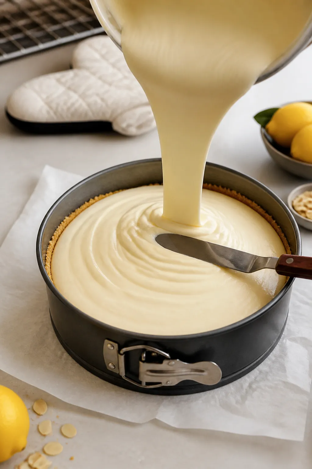 Cooking process scene: the pre-baked almond flour crust in the springform pan being filled with the 
