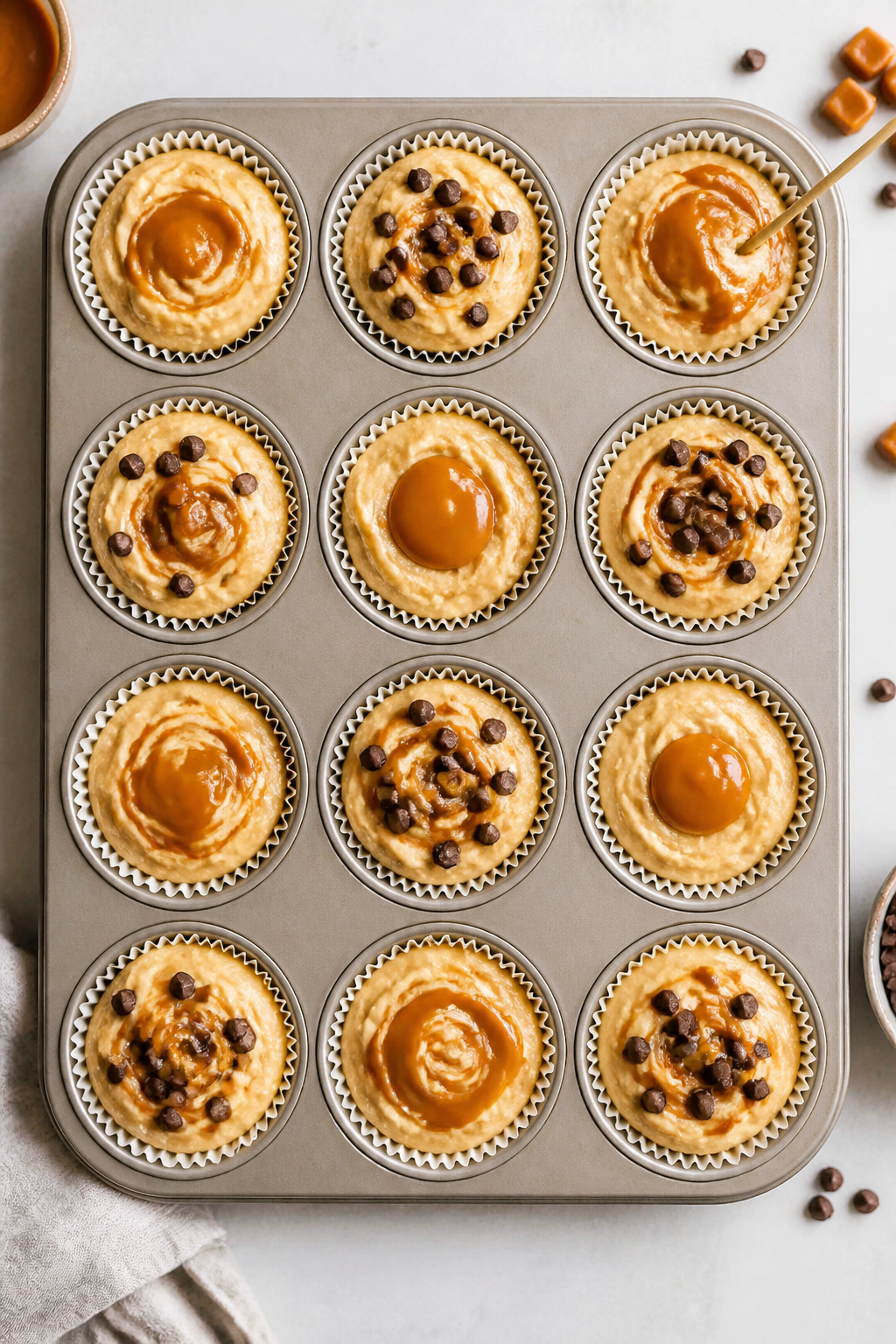 Cooking process shot: Overhead view of a 12-cup muffin tin filled 3/4 full with thick, scoopable bat