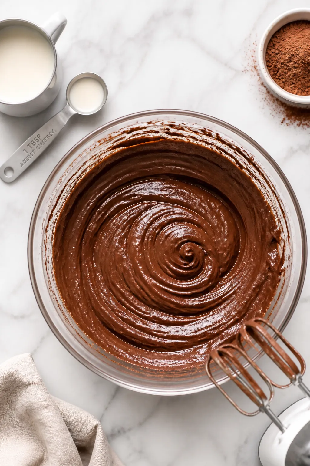 Cooking process shot: overhead view of the chocolate cheesecake mixture being mixed to smooth in a g