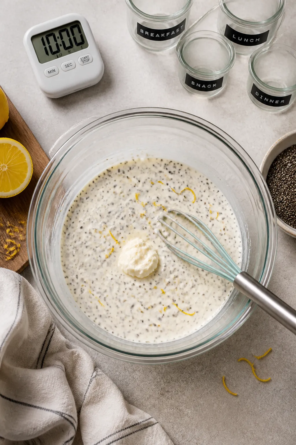 Cooking process shot: Overhead view of the just-mixed base before full set—creamy Greek-yogurt and