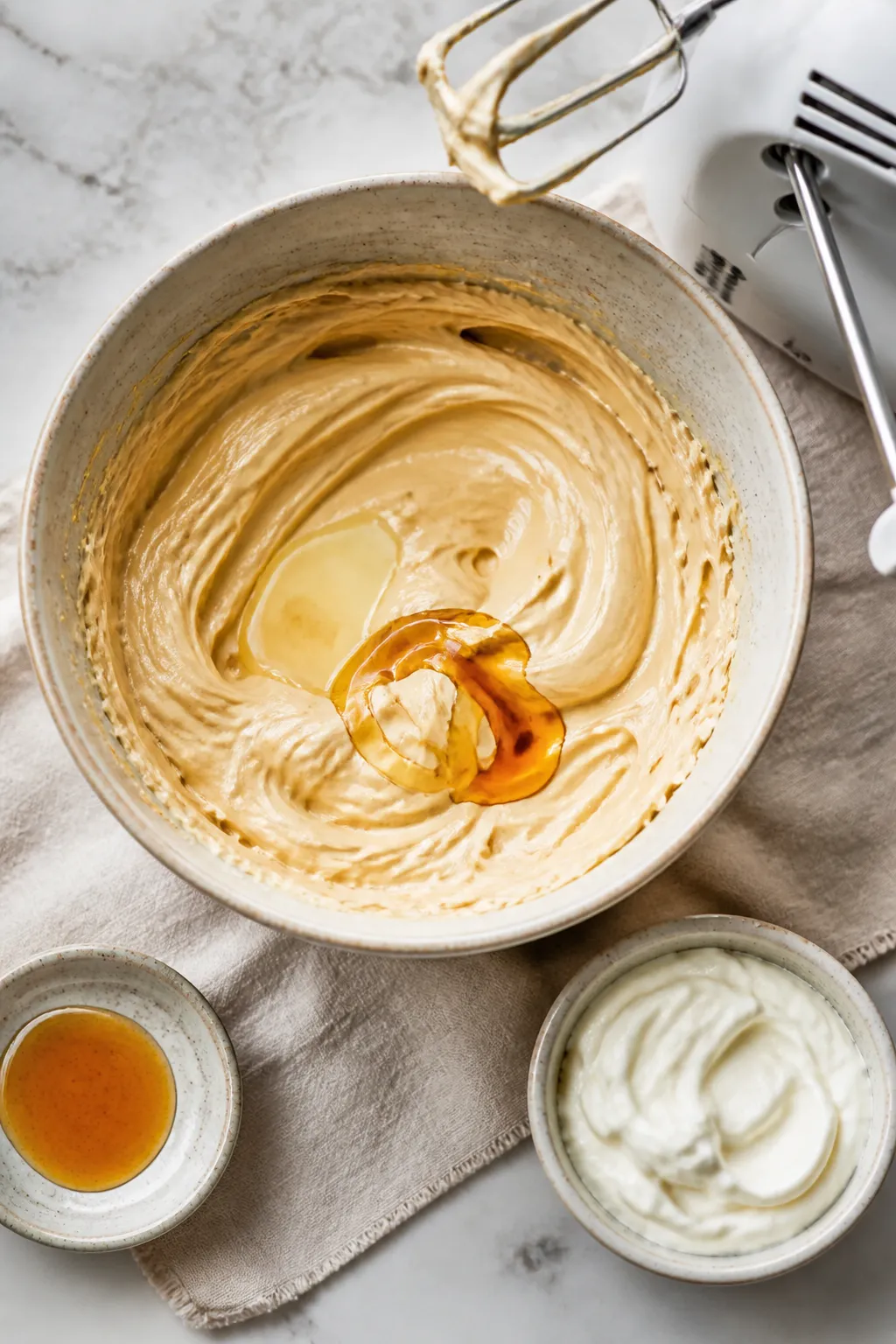 Cooking process shot: Overhead view of the mixing bowl stage where softened cream cheese and creamy