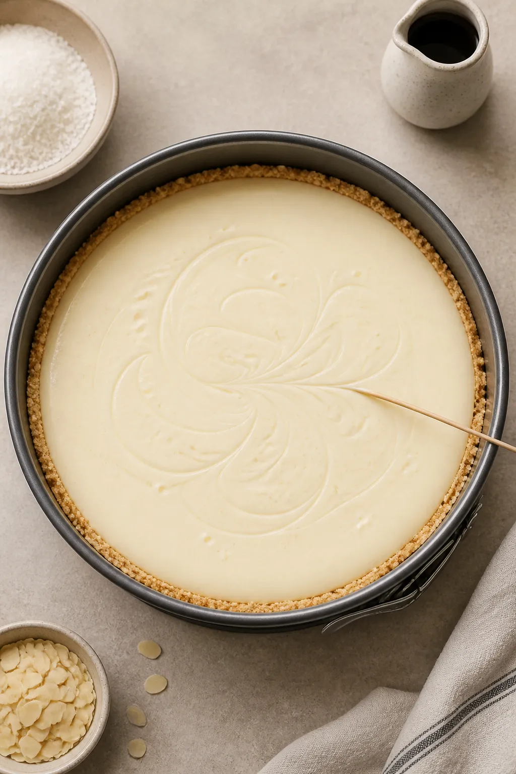 Cooking process shot: Overhead view of the par-baked almond-coconut crust in a 9-inch springform pan