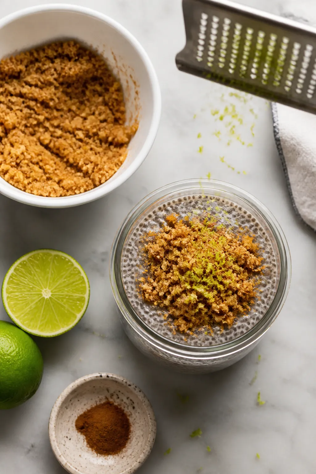 Cooking process shot: The “crust” topping being mixed to a damp-sand consistency in a small bowl