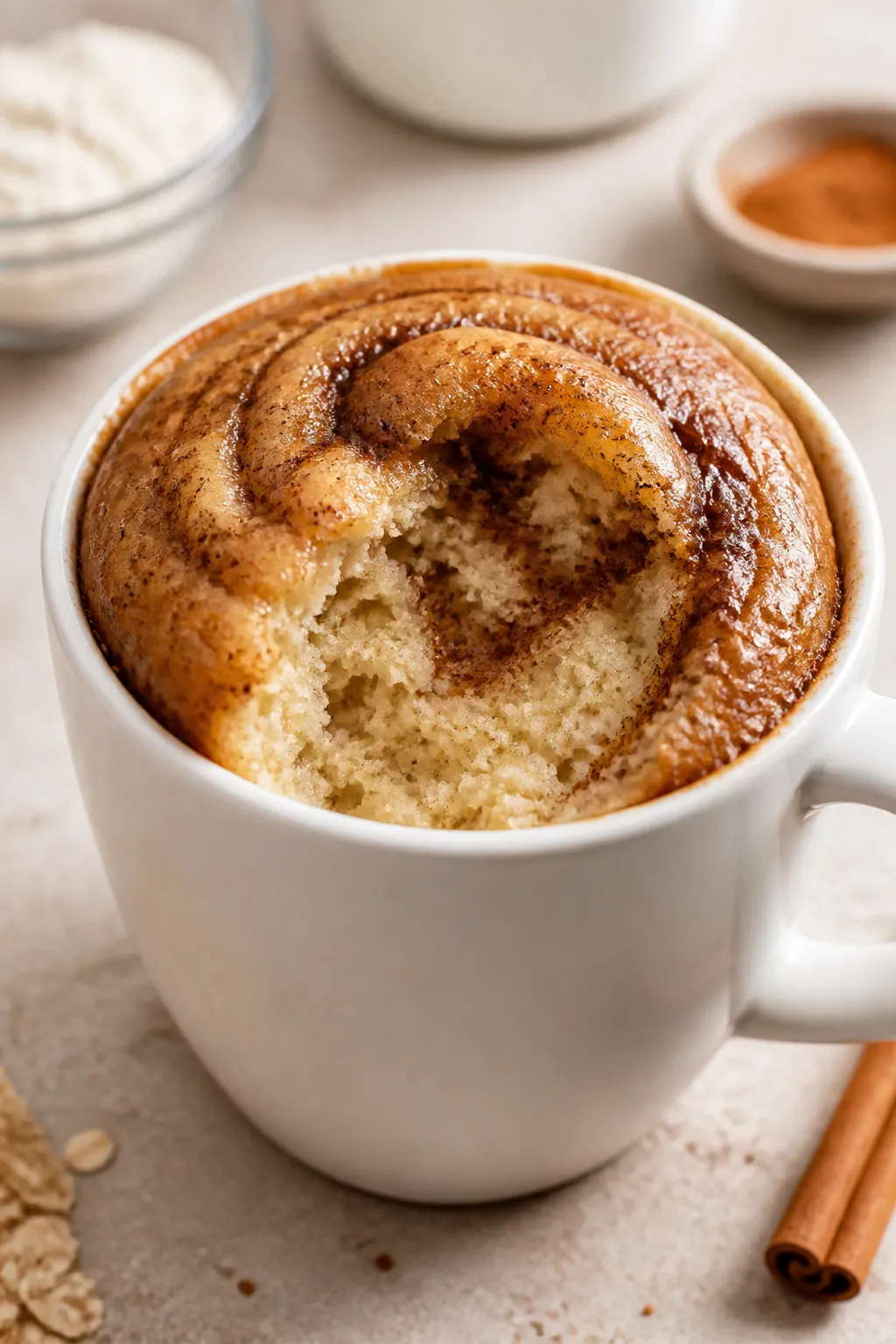 Cooking process shot: the mug cake mid-microwave sequence portrayed just after resting, with the cak