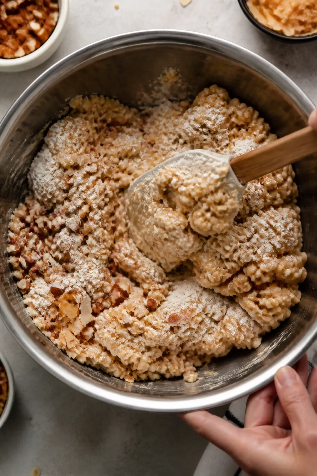 Cooking process shot: The warm protein-marshmallow mixture being folded into the crispy rice cereal 