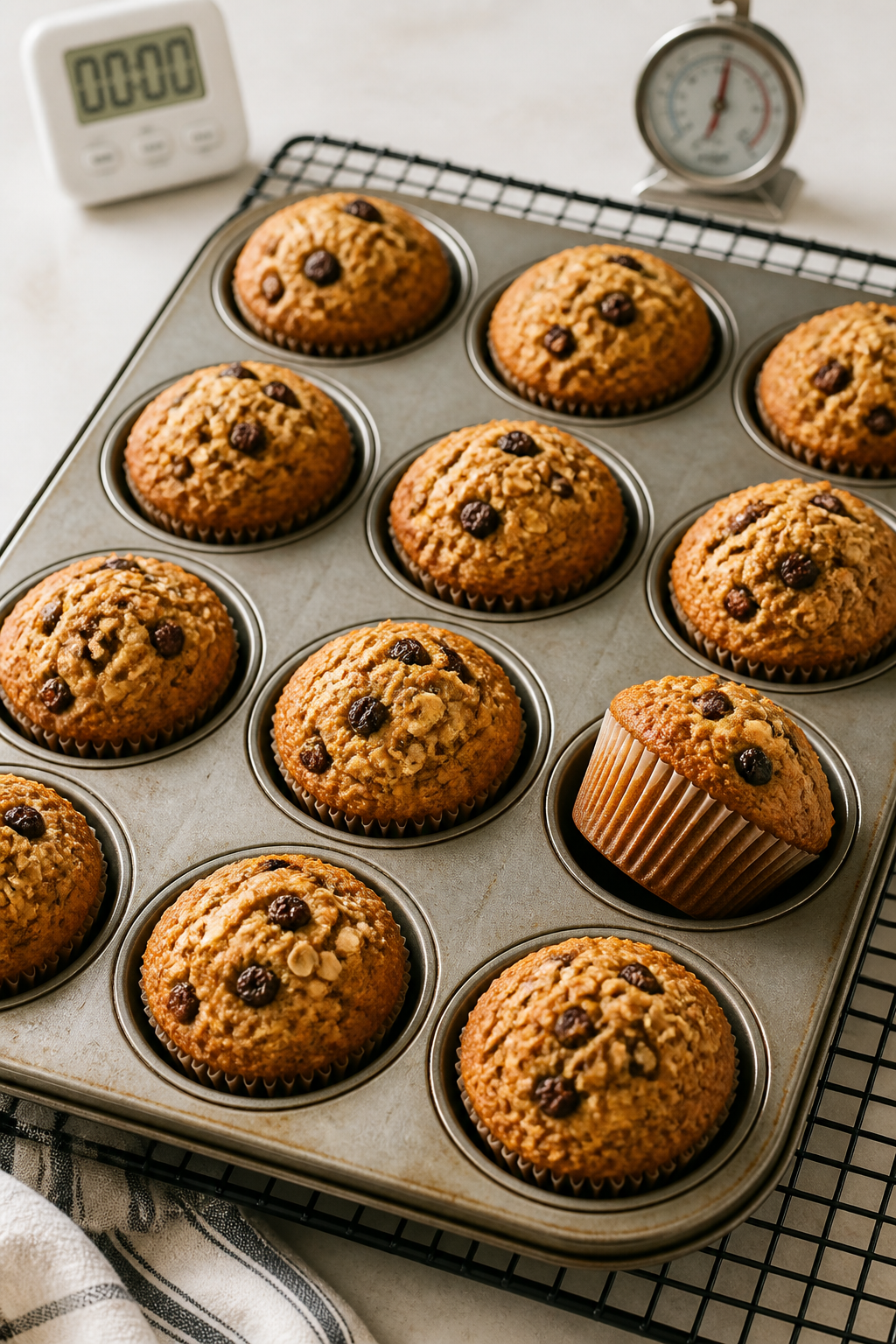 Cooking process: Standard-size muffin pan just out of a 375°F oven on a cooling rack, golden-topped