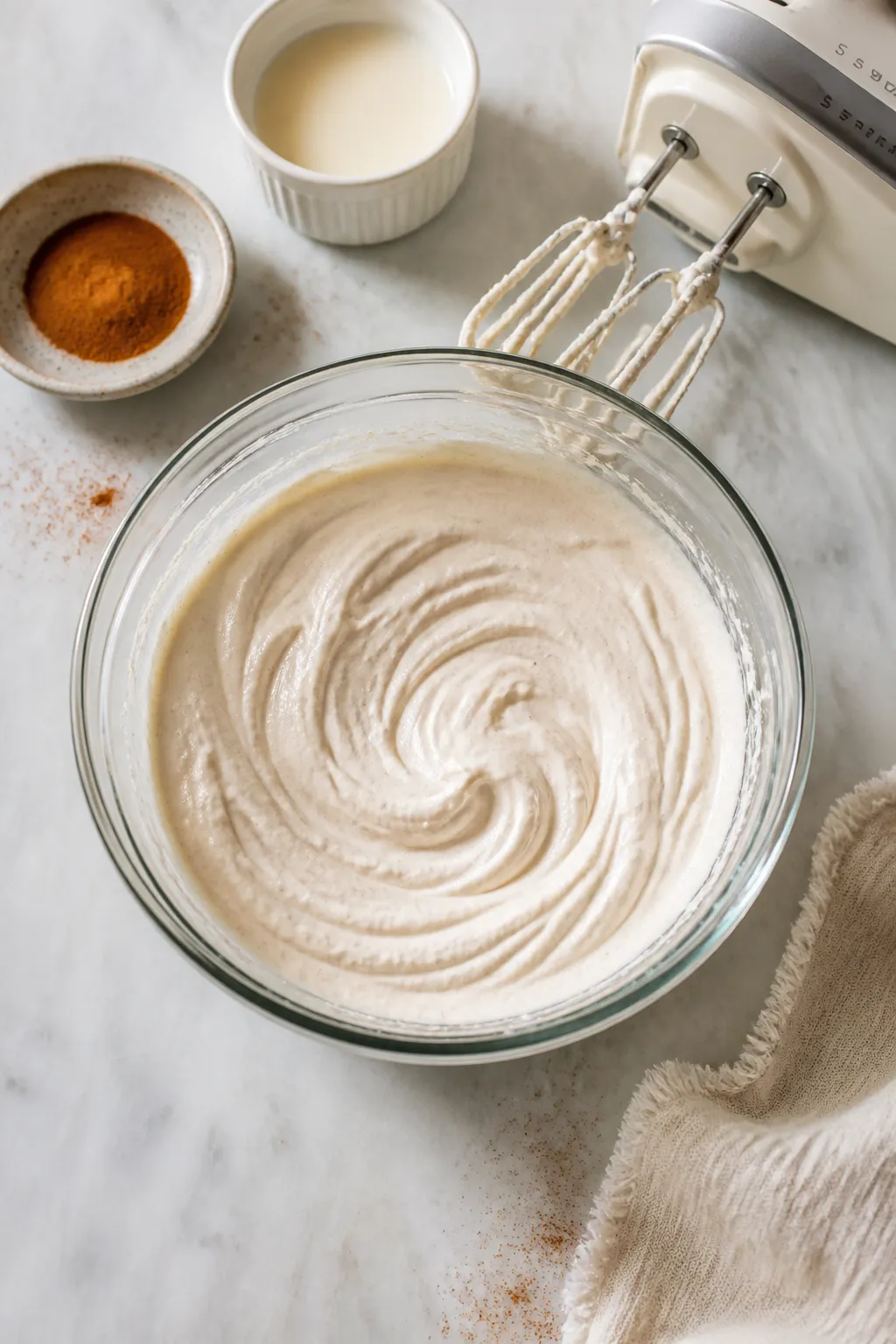 Cooking process: The blended base being whipped to silky smoothness in a glass mixing bowl—Greek y