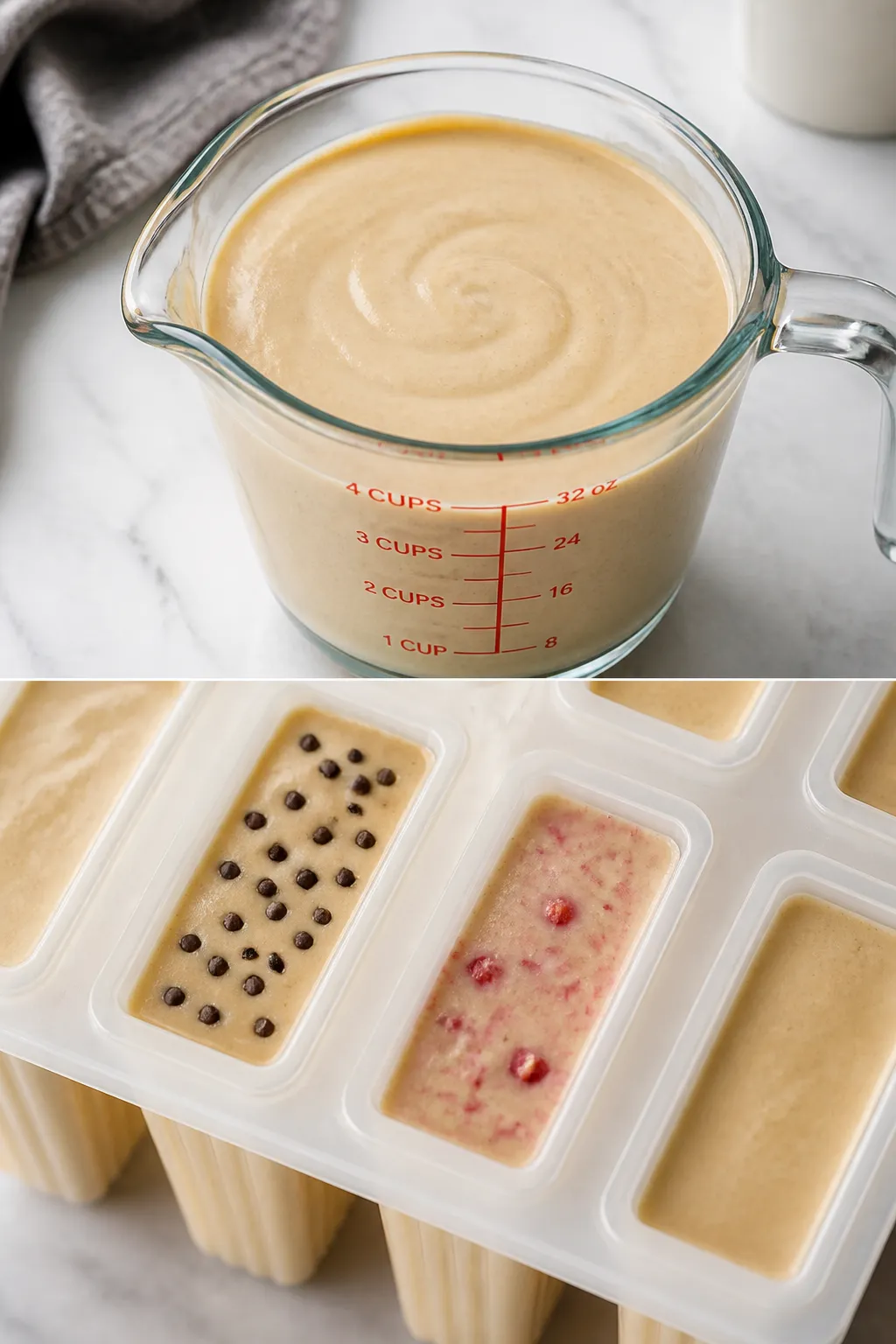 Cooking process: The blended base resting in a glass measuring jug after blending—silky, bubble-fr