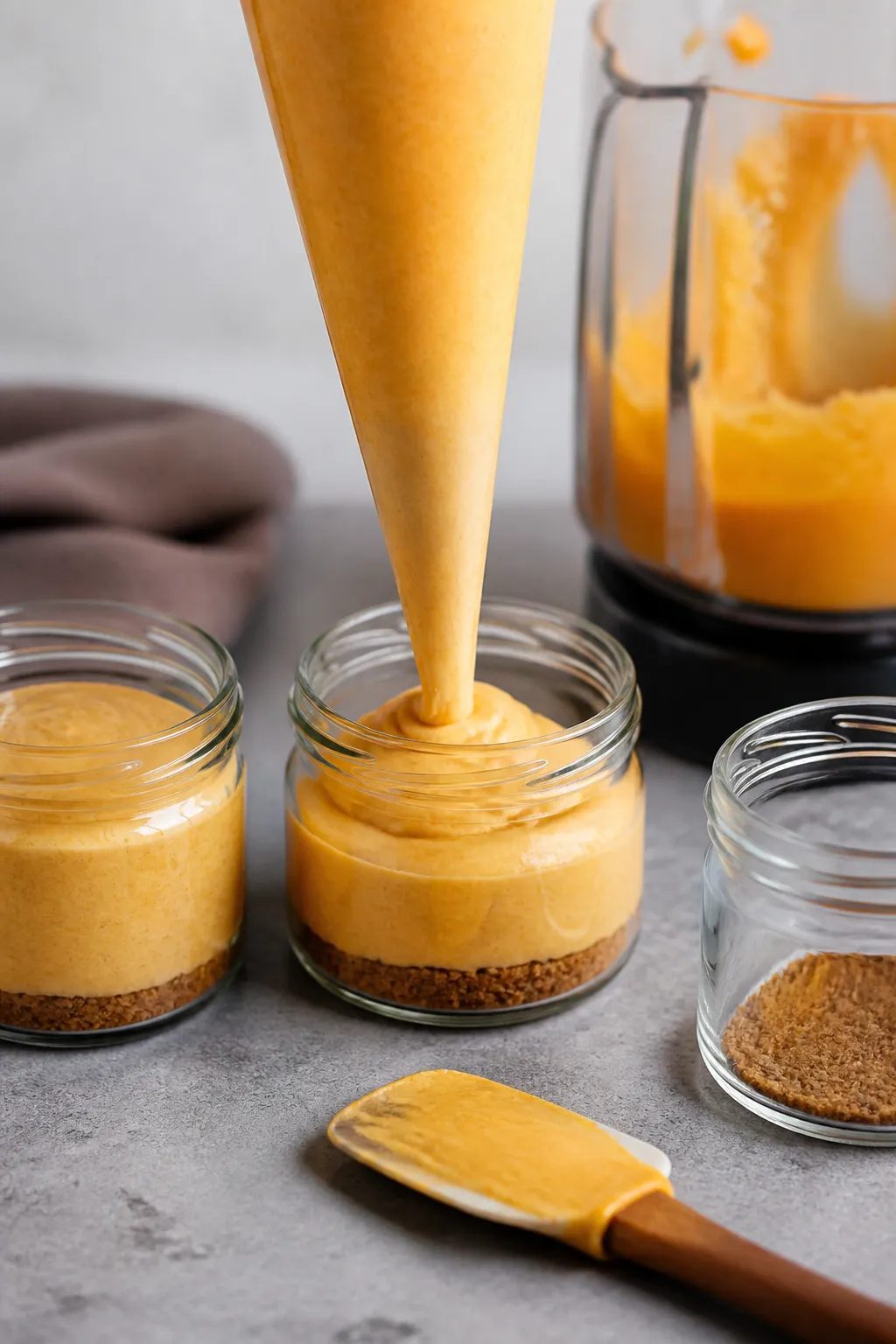 Cooking process: The filling being piped into chilled crust-lined jars—thick, airy pumpkin cheesec