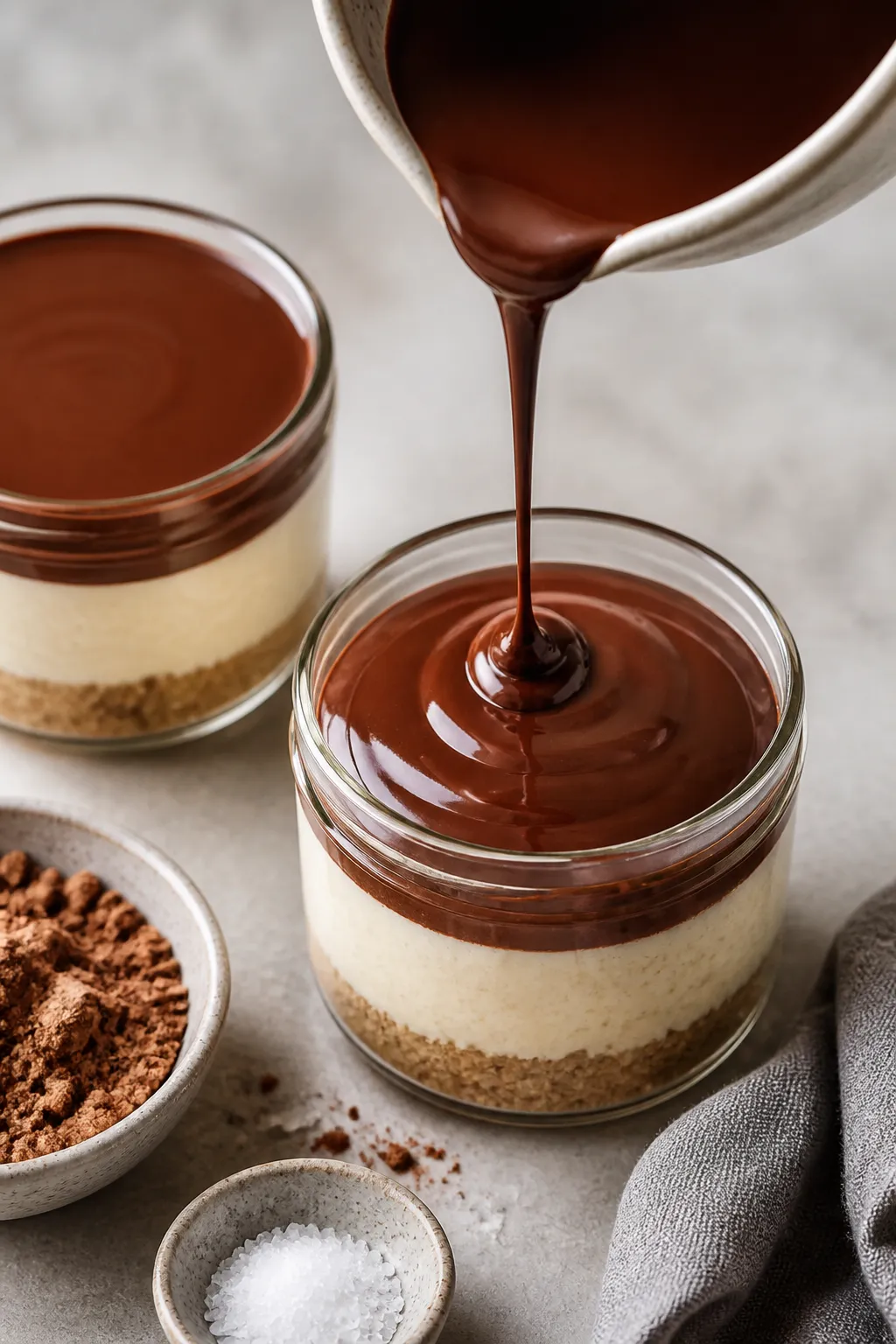Cooking process: The melted sugar-free chocolate and coconut oil being poured in a thin, glossy stre