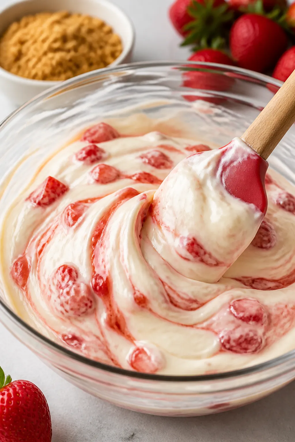 Cooking process: The pudding mixture being gently folded with a silicone spatula in a glass mixing b