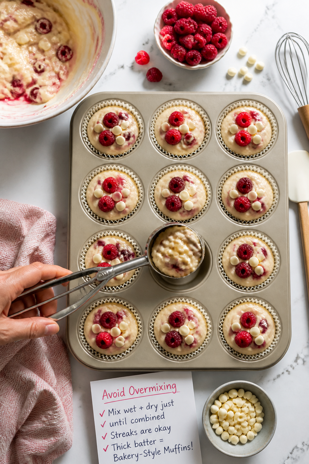 Cooking process: Thick, scoopable muffin batter being portioned into a lined 12-cup muffin tin with