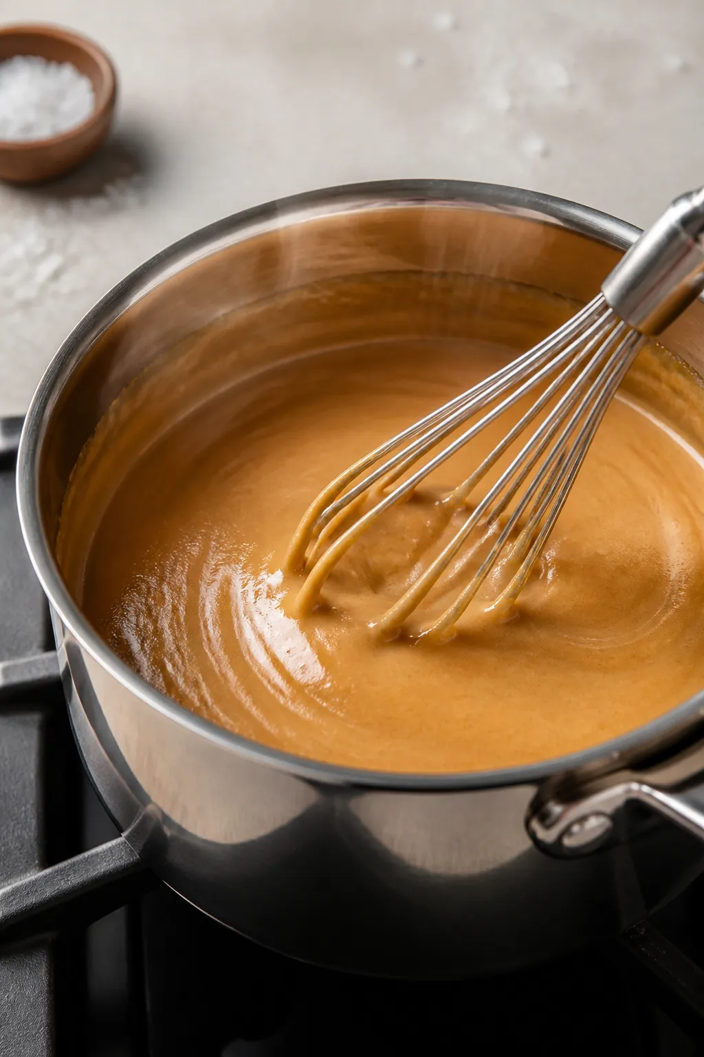 Cooking process — Warm caramel milk being thickened: close-up of a small saucepan on medium-low he