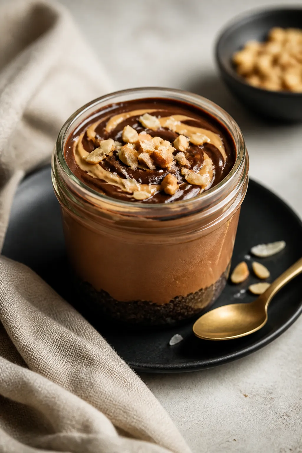 Final dish beauty: Restaurant-quality presentation of a single cheesecake jar set on a small matte b