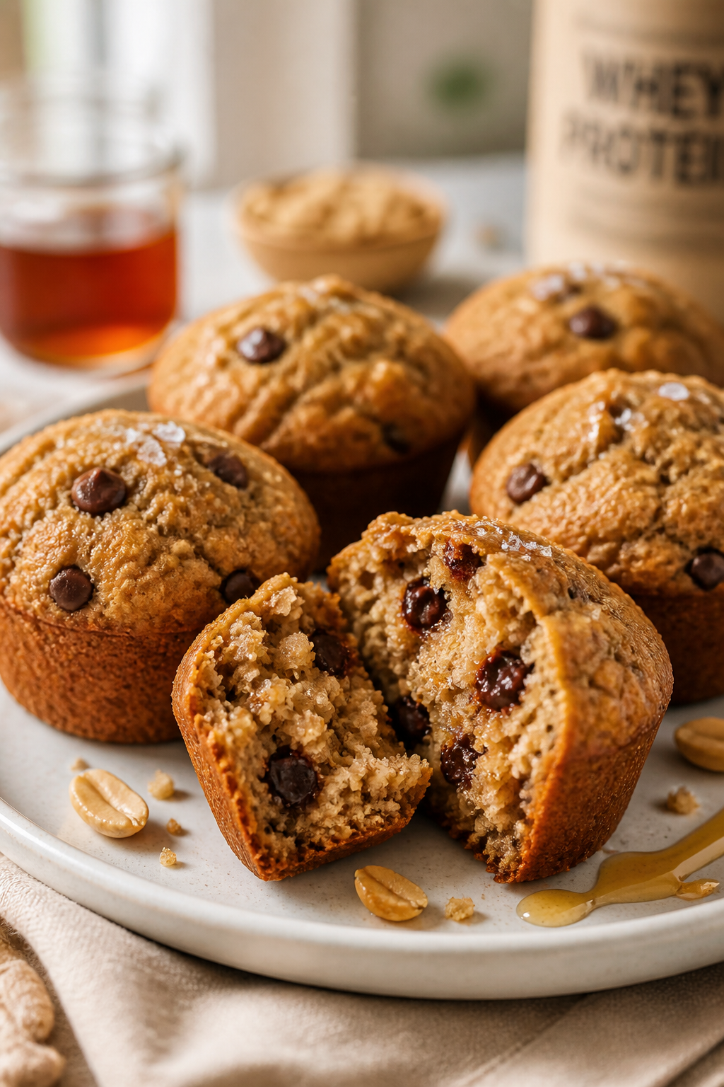 Final dish beauty shot: Golden-brown peanut butter protein muffins cooled and domed, split one muffi