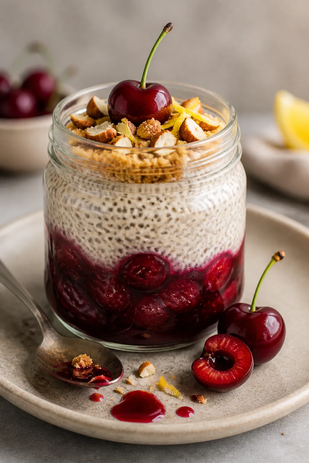 Final dish beauty shot: High Protein Cherry Cheesecake Chia Pudding layered neatly in a clear glass