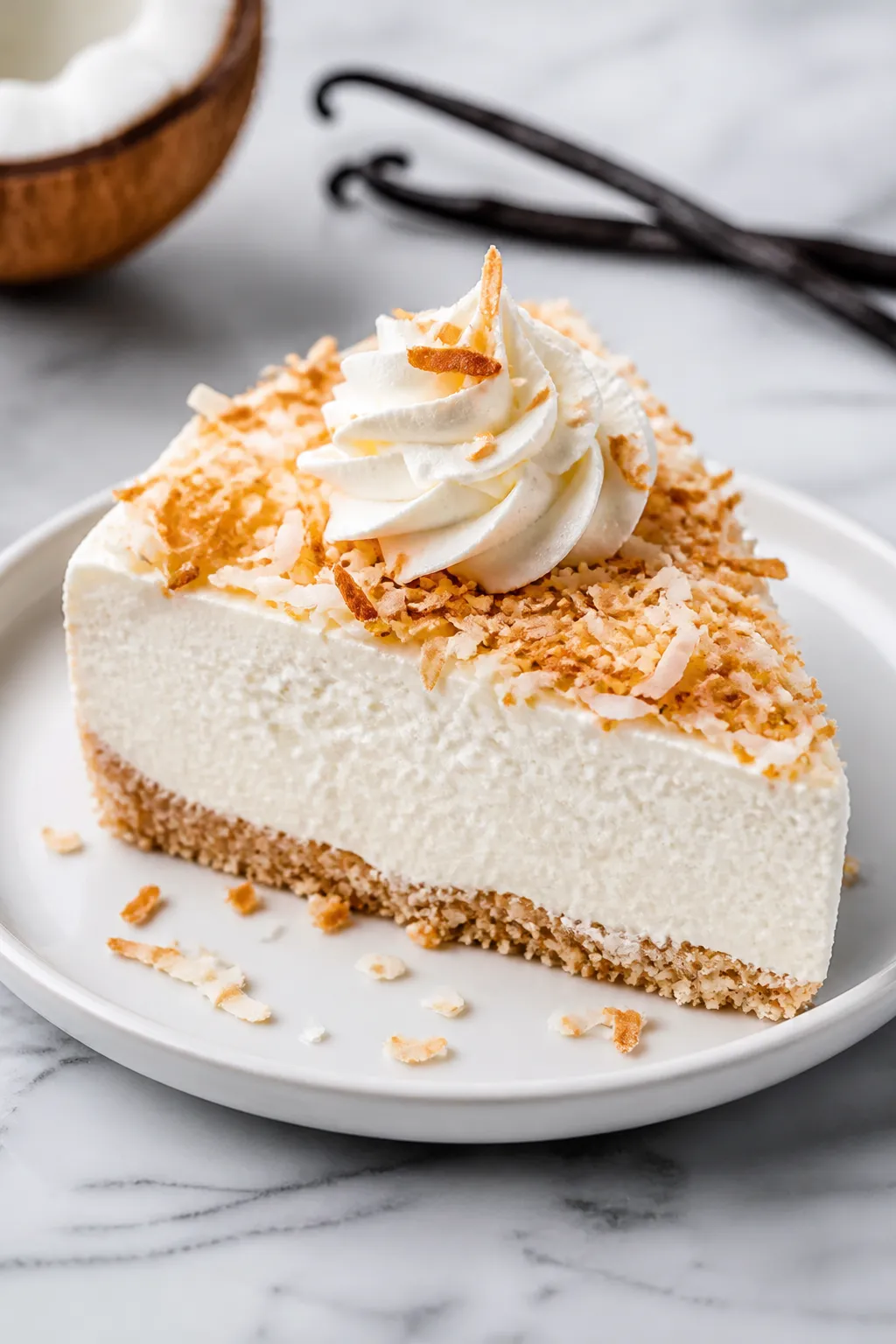 Final dish beauty shot: Slice of High Protein Low Carb Coconut Cream Protein Pie on a white ceramic 