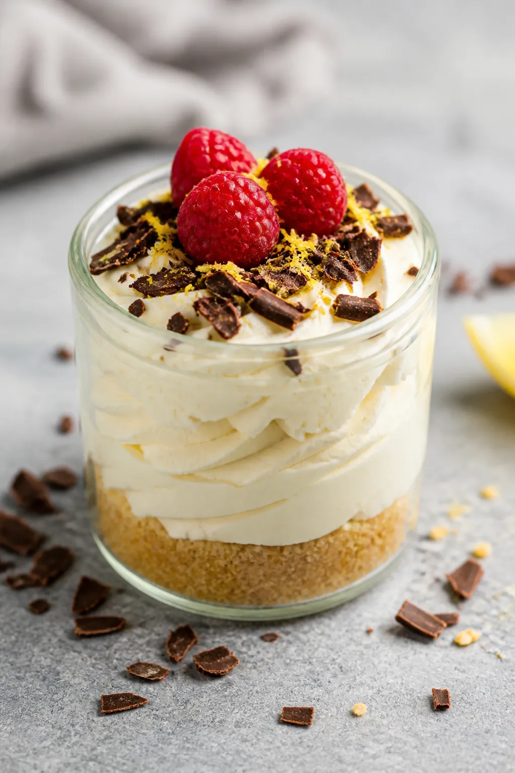 Final dish hero shot: High Protein Low Carb Cheesecake Mousse Jar layered neatly—lightly pressed g