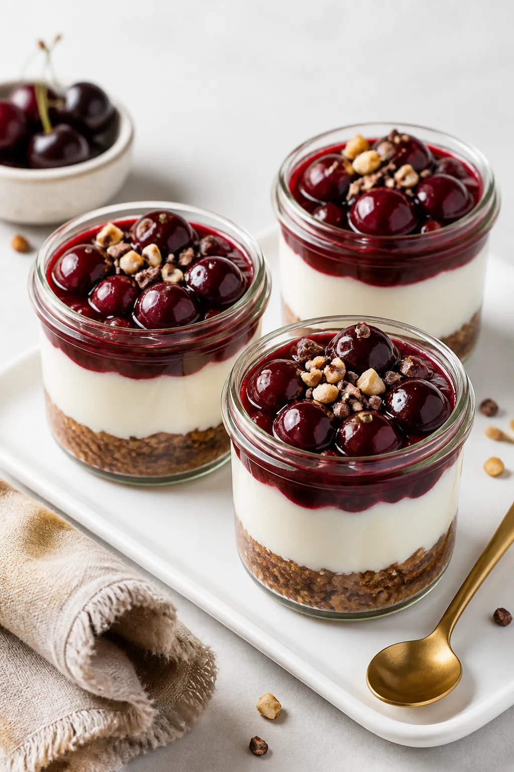Final dish hero shot of High Protein Low Carb Cherry Cheesecake Jars, restaurant-quality presentatio