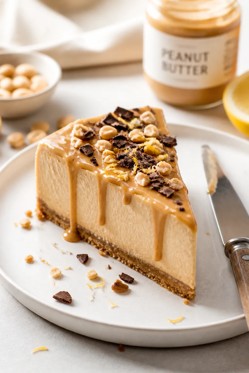 Final dish presentation: A pristine slice of High Protein Low Carb Peanut Butter Cheesecake on a mat