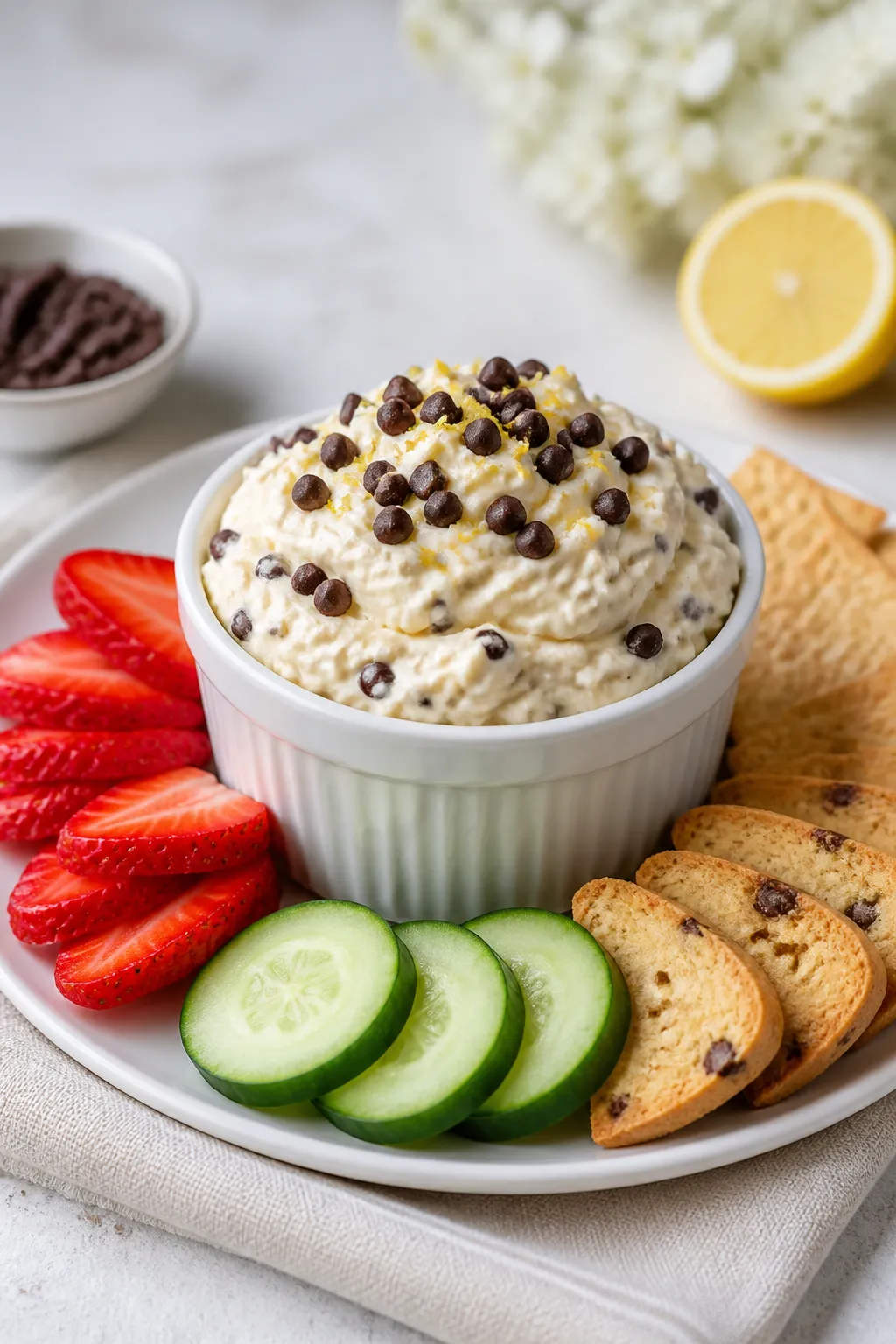 Final dish presentation: A ramekin mounded with chilled chocolate chip cheesecake dip, topped with a