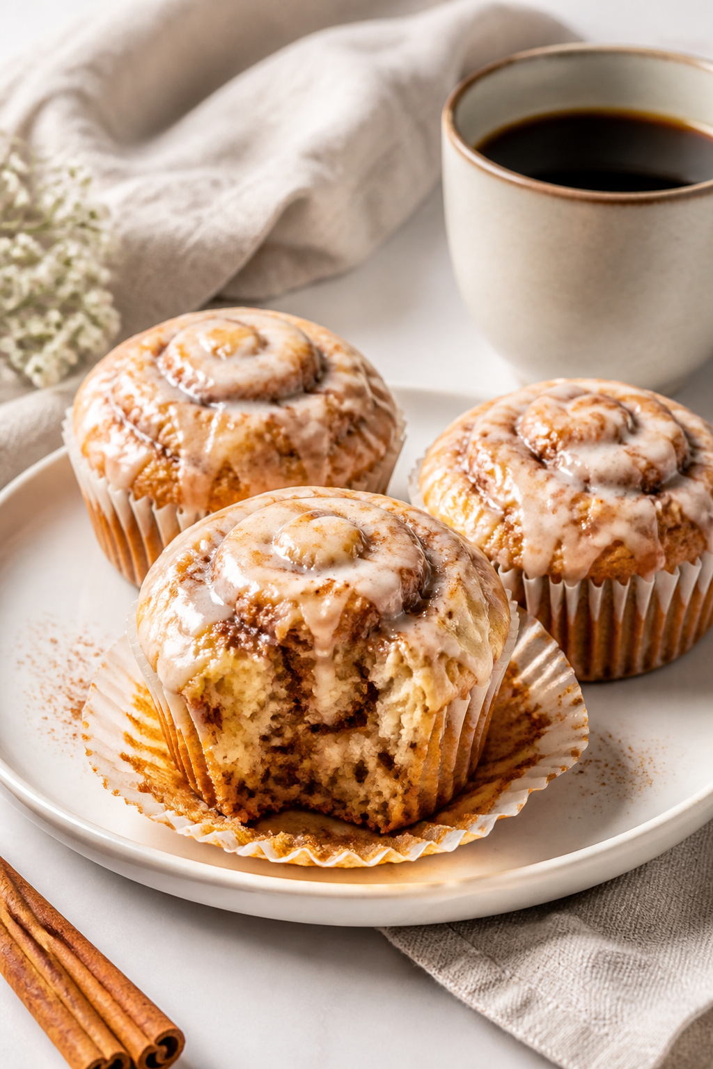 Final dish presentation: A trio of glazed Cinnamon Swirl Protein Muffins on a simple white plate, de