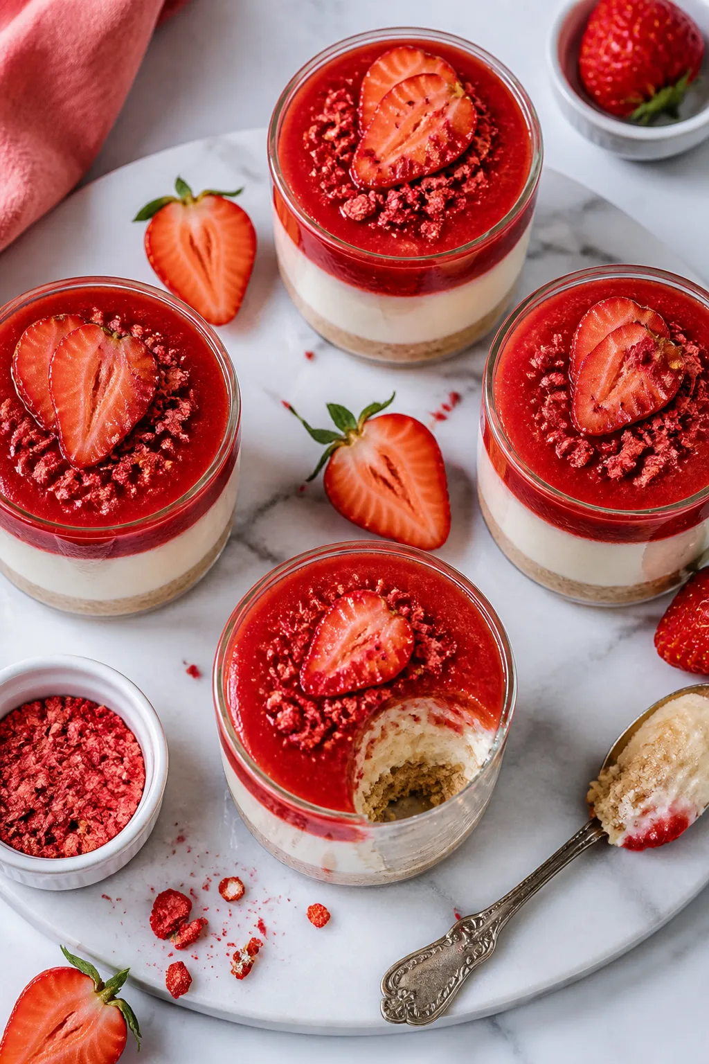 Final dish presentation: Beautifully layered High Protein Low Carb Strawberry Cheesecake Jars arrang