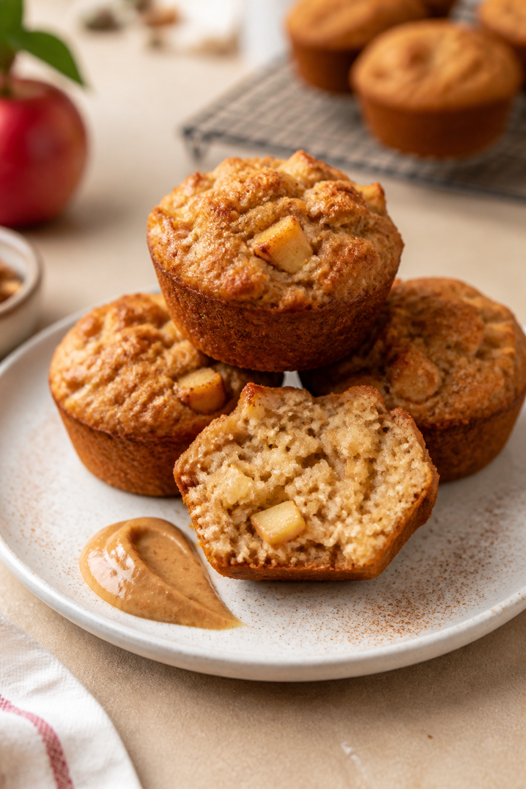 Final dish presentation: Beautifully plated apple pie muffins stacked on a matte white plate, one mu