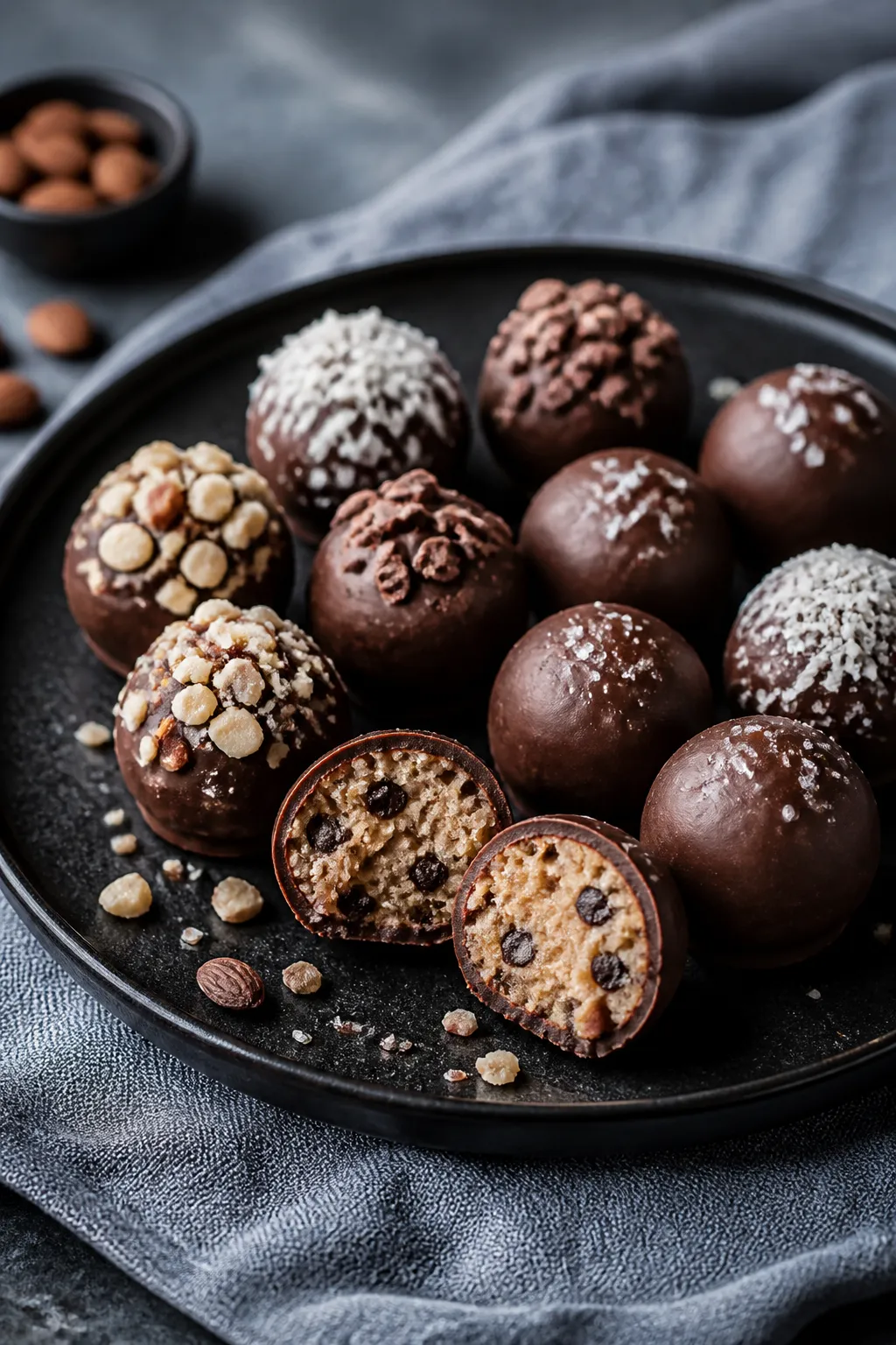 Final dish presentation: Beautifully plated assortment of chocolate covered protein balls on a matte