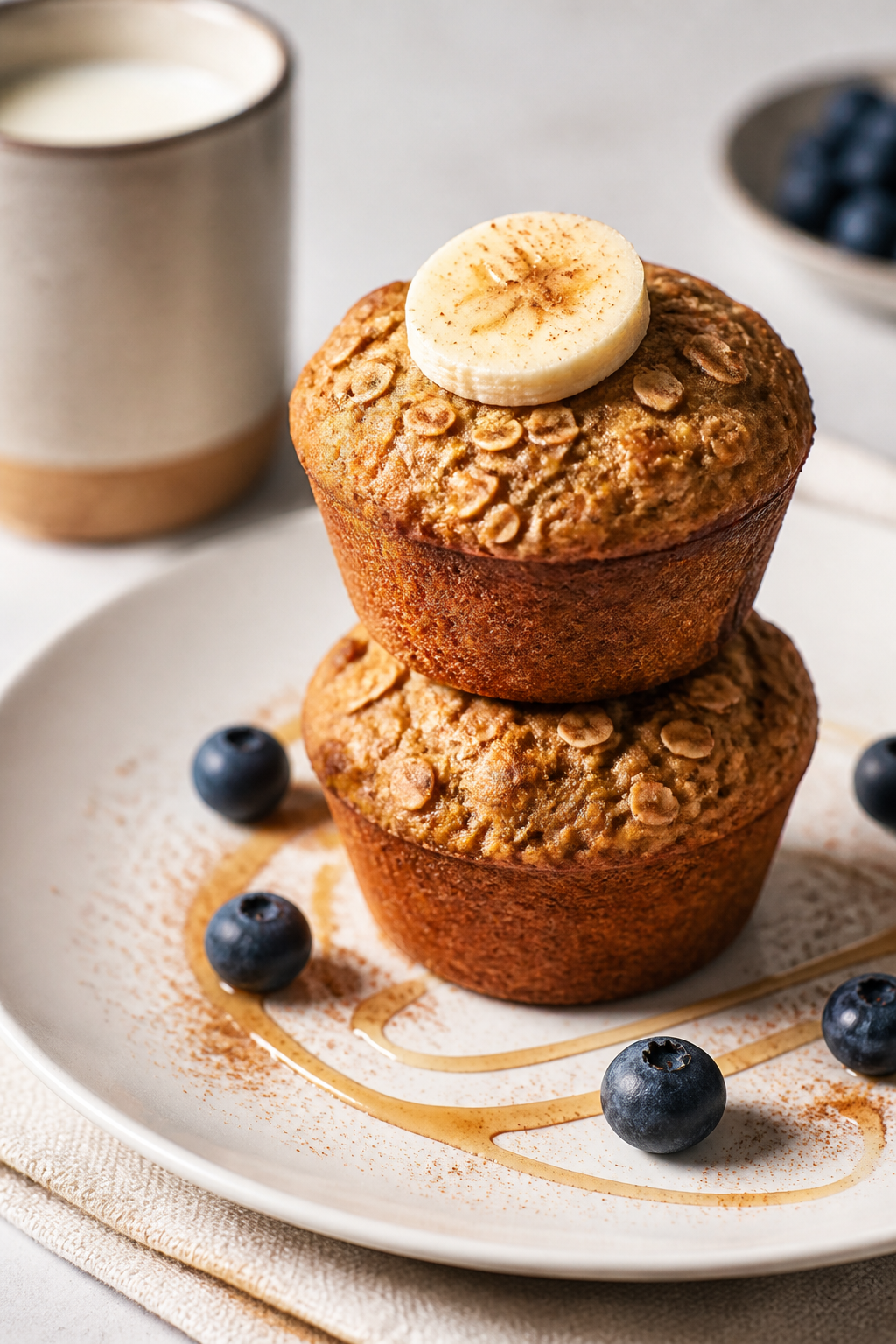Final dish presentation: Beautifully plated banana oatmeal muffins stacked two-high on a matte white