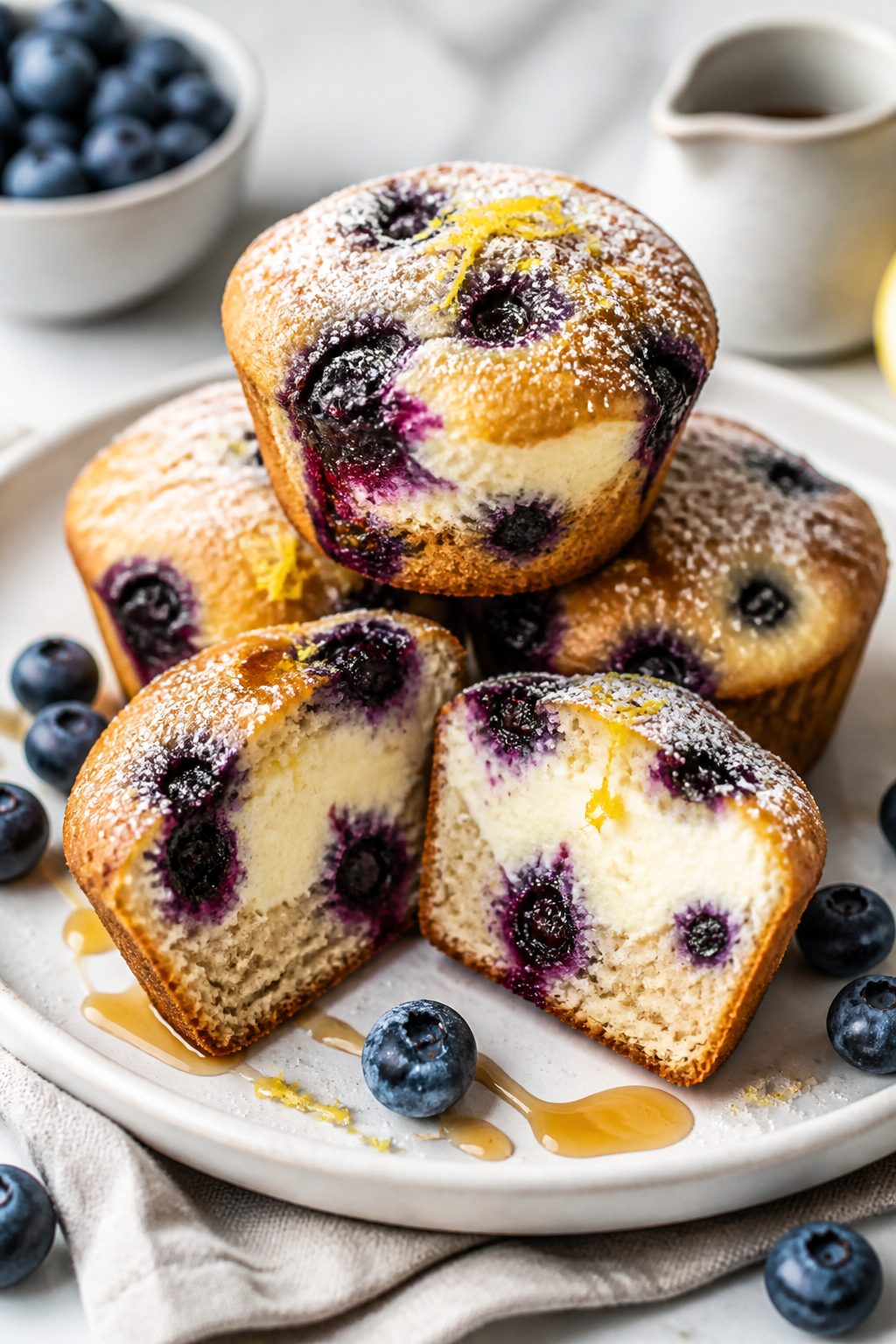Final dish presentation: Beautifully plated blueberry cheesecake protein muffins stacked on a matte 