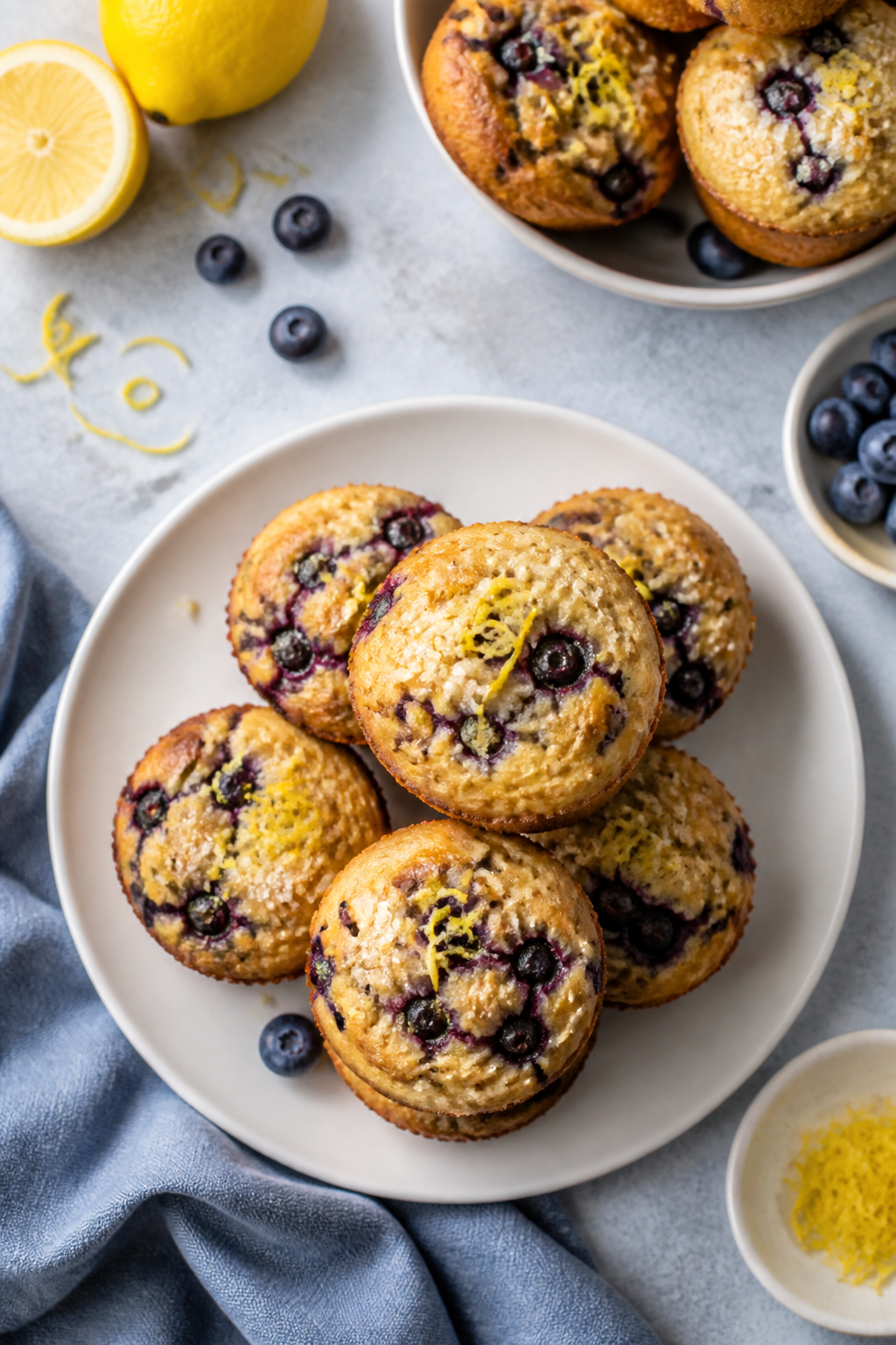 Final dish presentation: Beautifully plated blueberry lemon protein muffins stacked on a matte white
