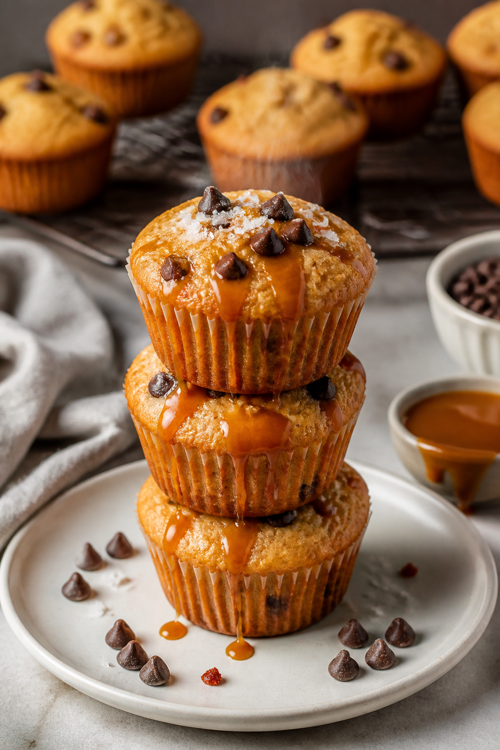 Final dish presentation: Beautifully plated café-style stack of three salted caramel protein muffin