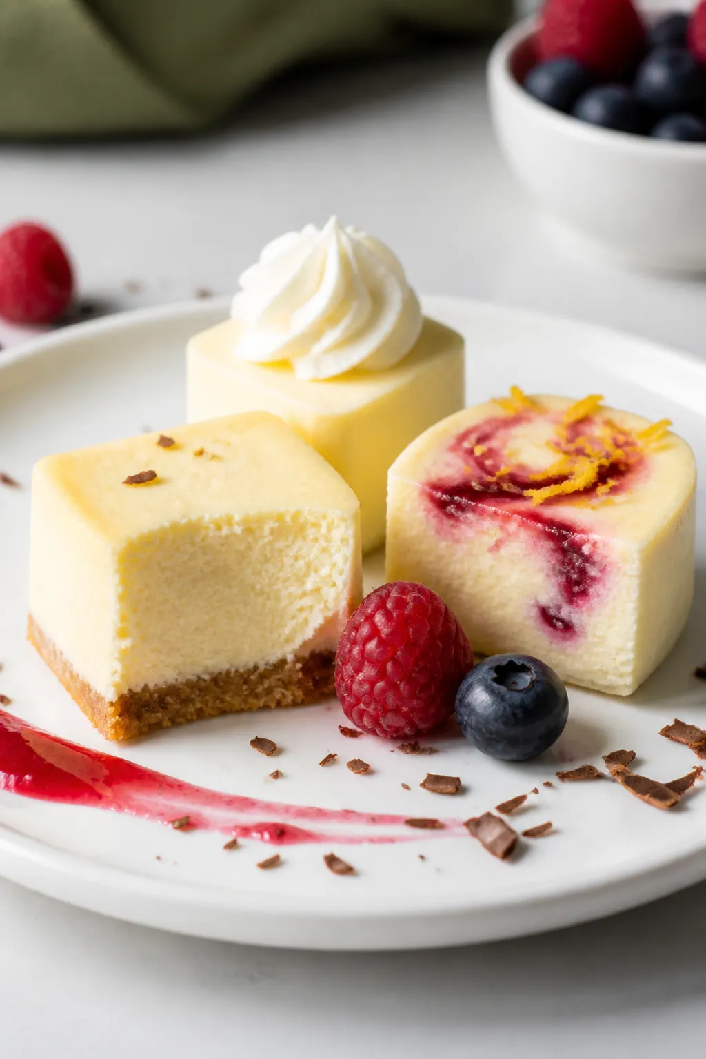 Final dish presentation: Beautifully plated cheesecake bites on a small white porcelain plate, three
