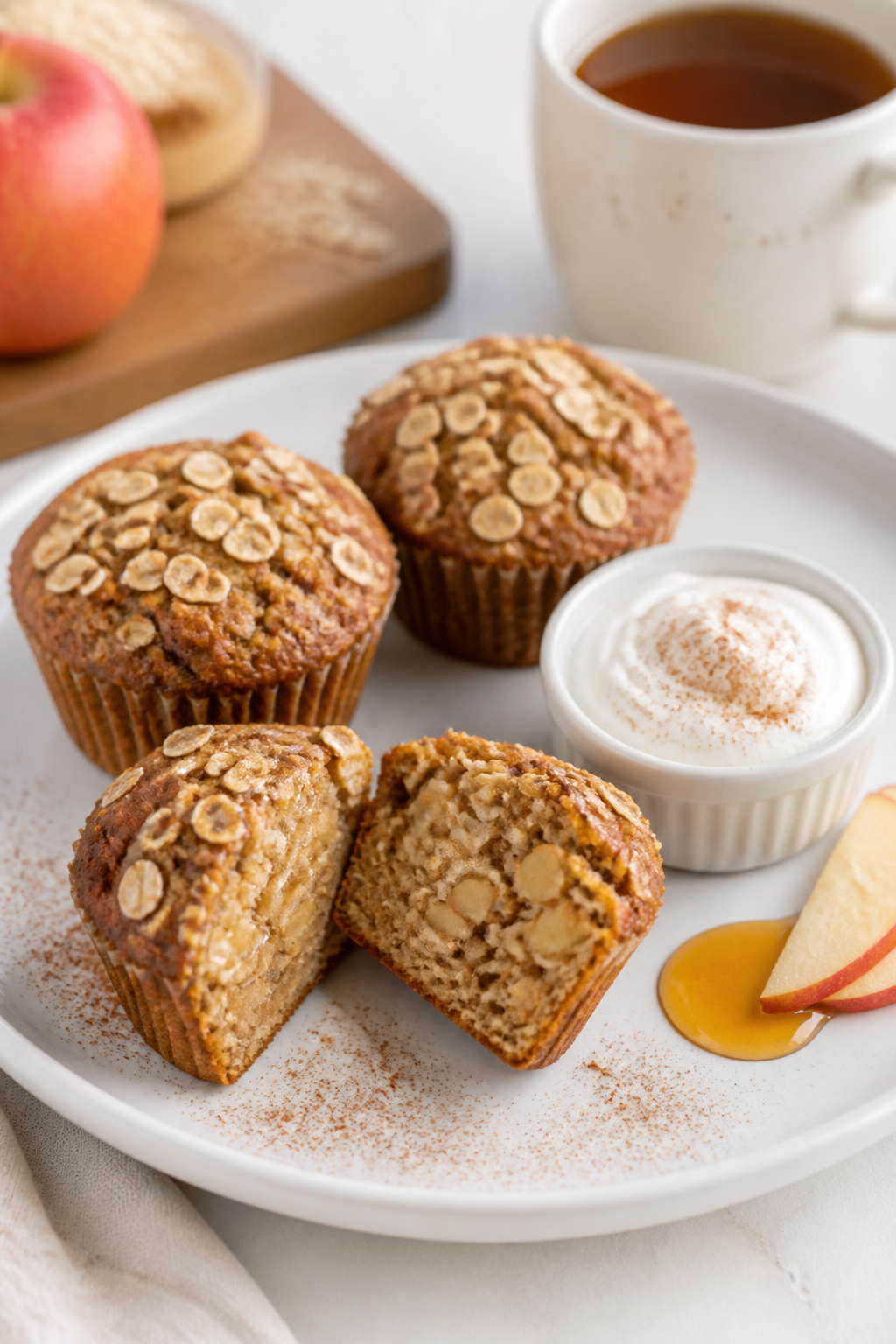 Final dish presentation: Beautifully plated cinnamon apple oat muffins arranged on a matte white pla