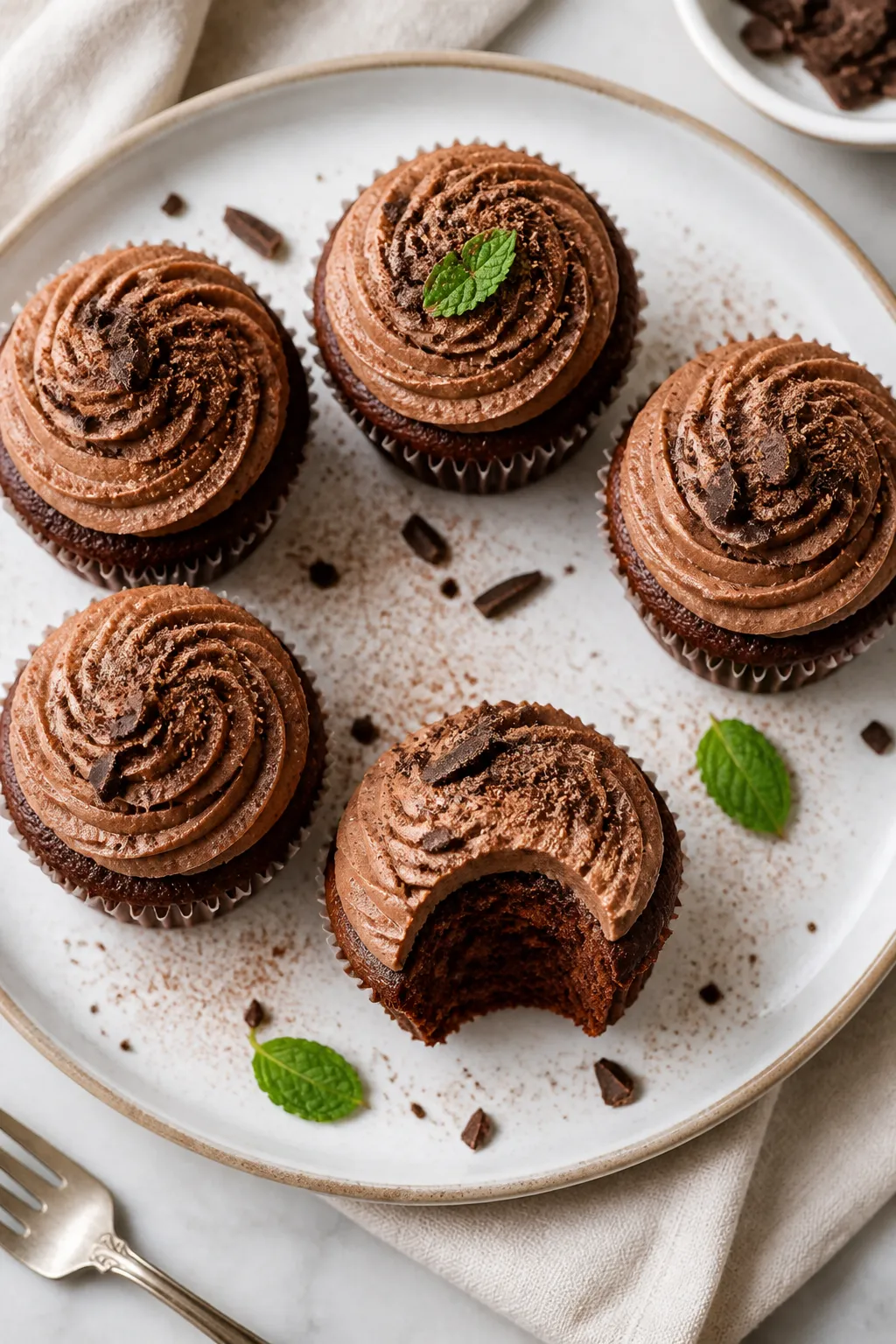 Final dish presentation: Beautifully plated high-protein low-carb chocolate cupcakes topped with a s