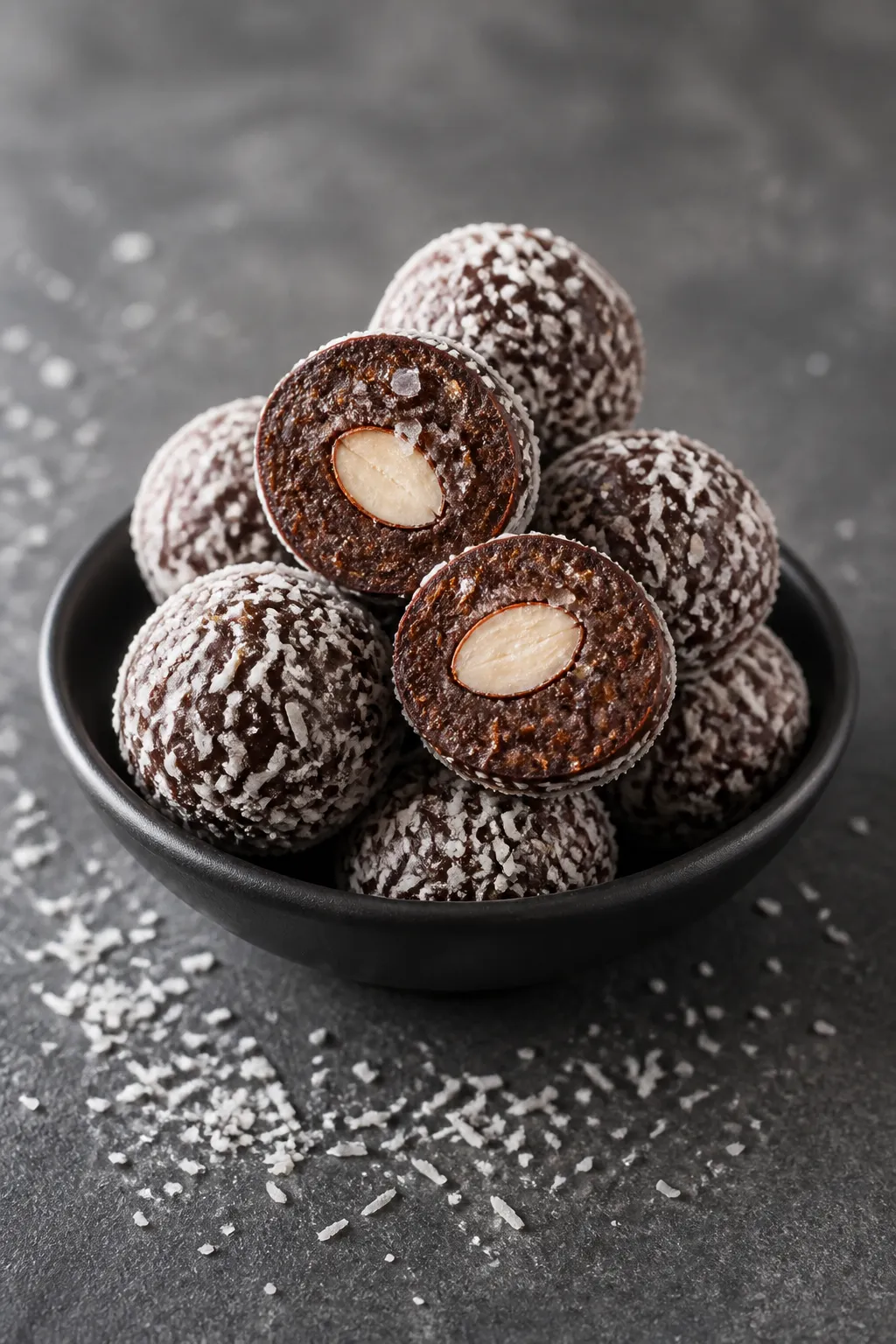 Final dish presentation: beautifully plated High Protein Low Carb Almond Joy Protein Truffles stacke
