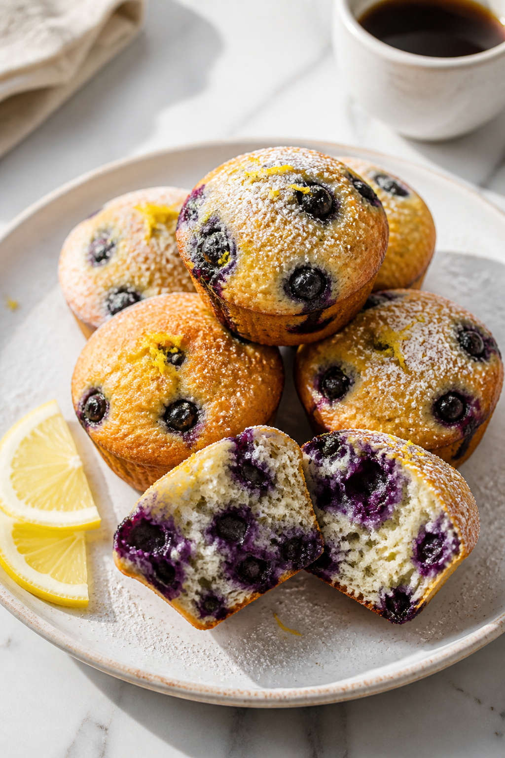 Final dish presentation: beautifully plated high-protein blueberry muffins stacked on a white cerami
