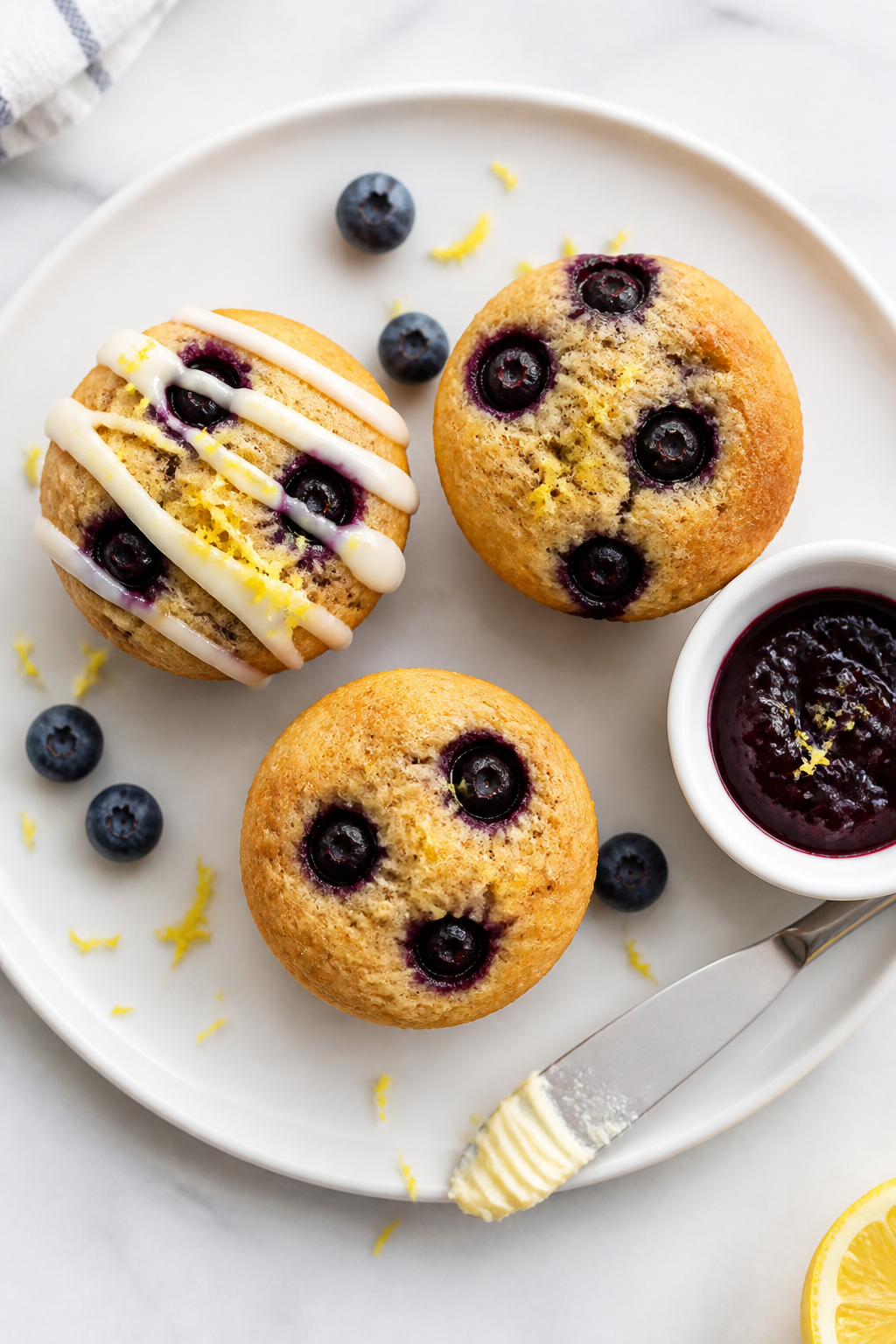 Final dish presentation: Beautifully plated Lemon Blueberry variation—three small coconut flour mu