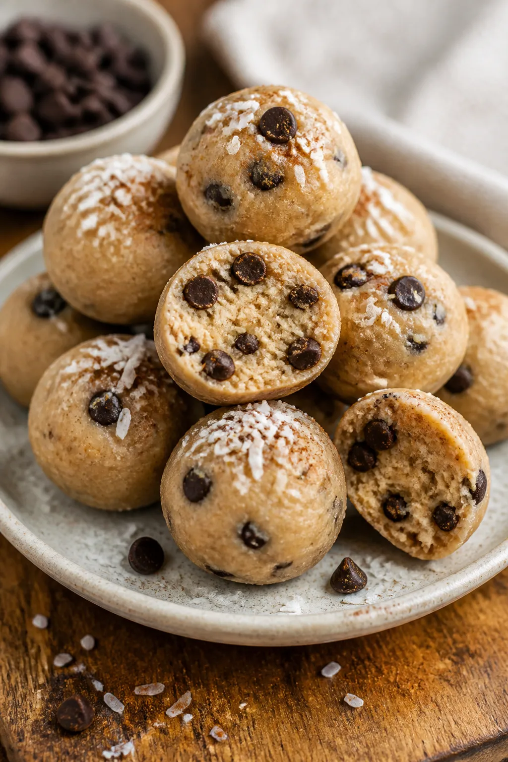 Final dish presentation: Beautifully plated Low Carb Protein Cookie Dough Bites stacked on a small m