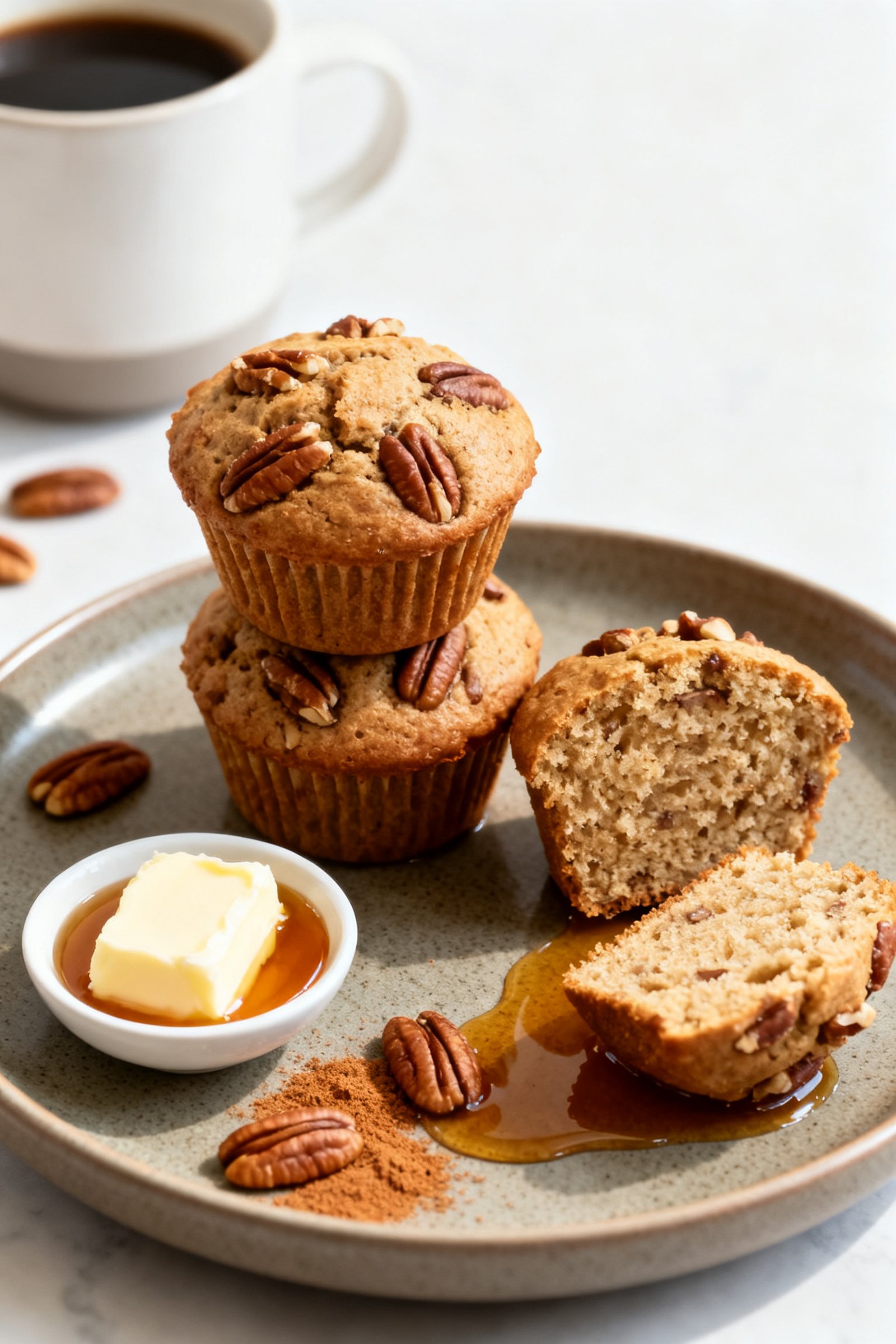 Final dish presentation: Beautifully plated Maple Pecan Protein Muffins stacked on a matte ceramic p
